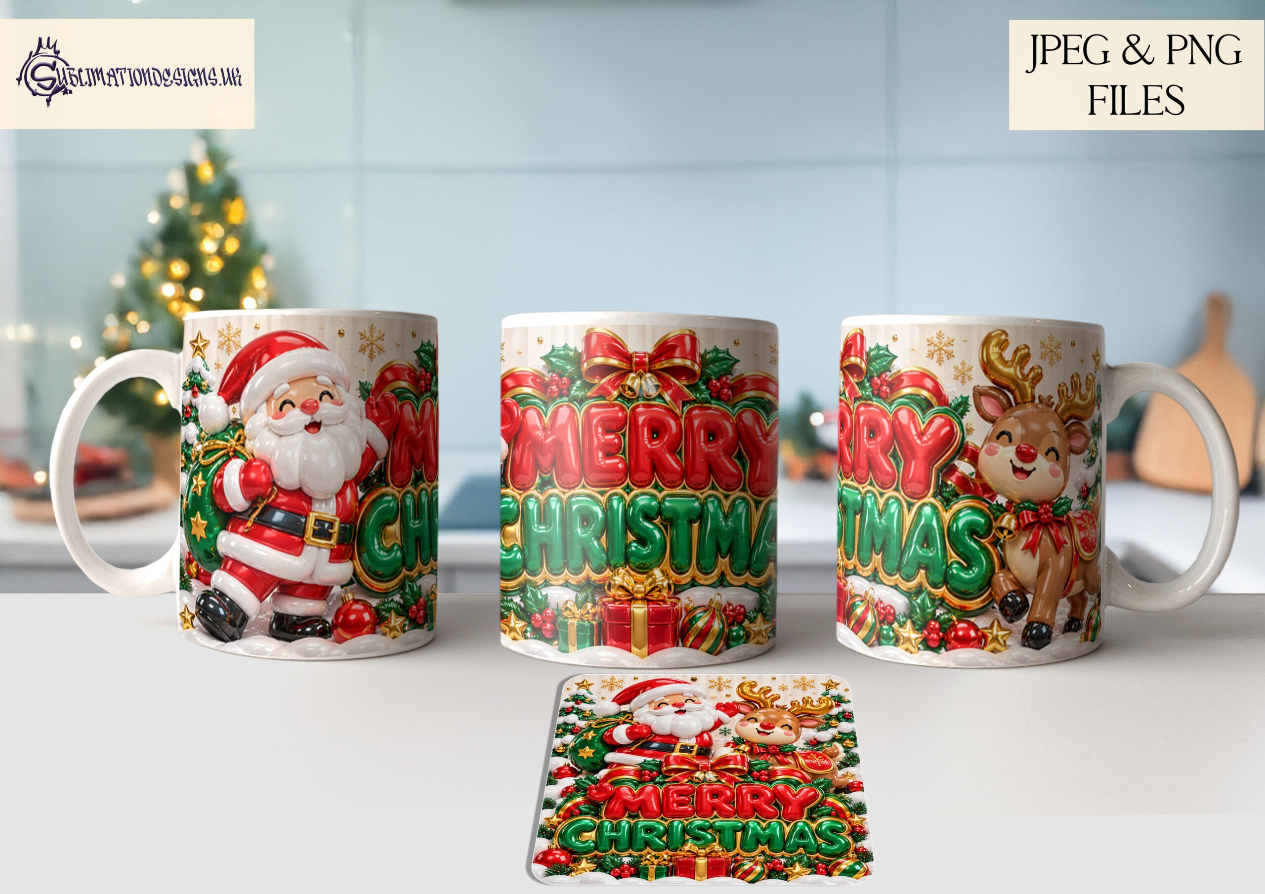 Inflated Christmas mug and coaster designs featuring festive balloon style lettering including Merry Christmas Let It Snow and Oh Snap with 10 matching mug and coaster pairs