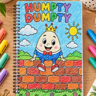 Humpty Dumpty 10 page colouring sheets featuring A4 portrait black and white nursery rhyme illustrations for children's colouring books