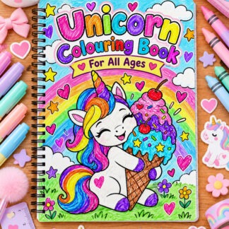 Unicorn colouring pages set featuring 20 A4 portrait printable unicorn designs with matching front and back colouring book covers and coloured example page