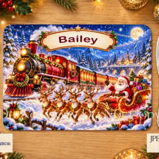 Children's Christmas placemat bundle featuring six personalised A4 placemat designs with matching Christmas mug wraps and square coaster designs
