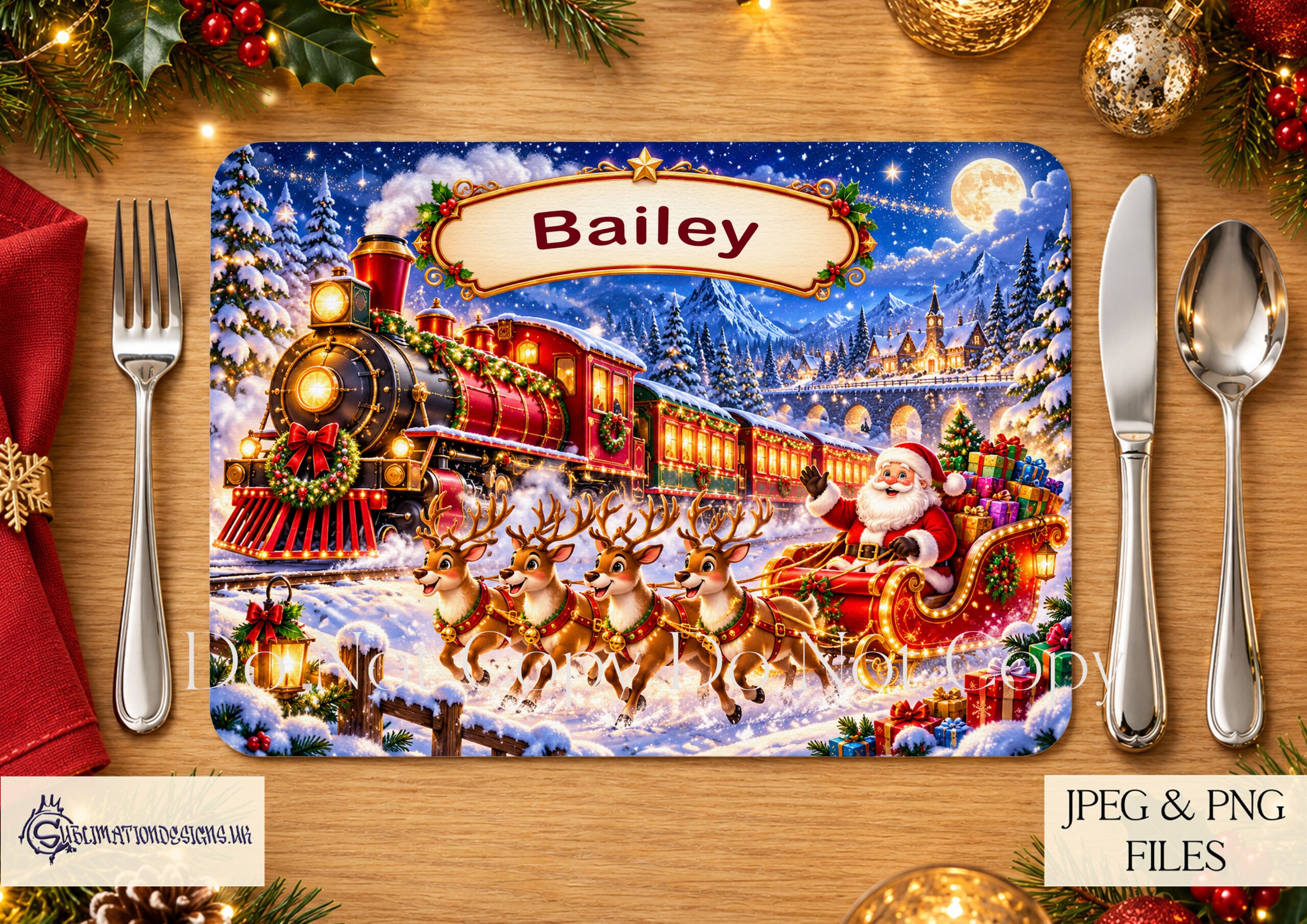 Children's Christmas placemat bundle featuring six personalised A4 placemat designs with matching Christmas mug wraps and square coaster designs