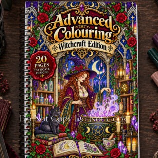 Advanced Witchcraft Colouring Pages featuring 20 intricate A4 witch illustrations with magical rooms, animal familiars and matching colouring book covers