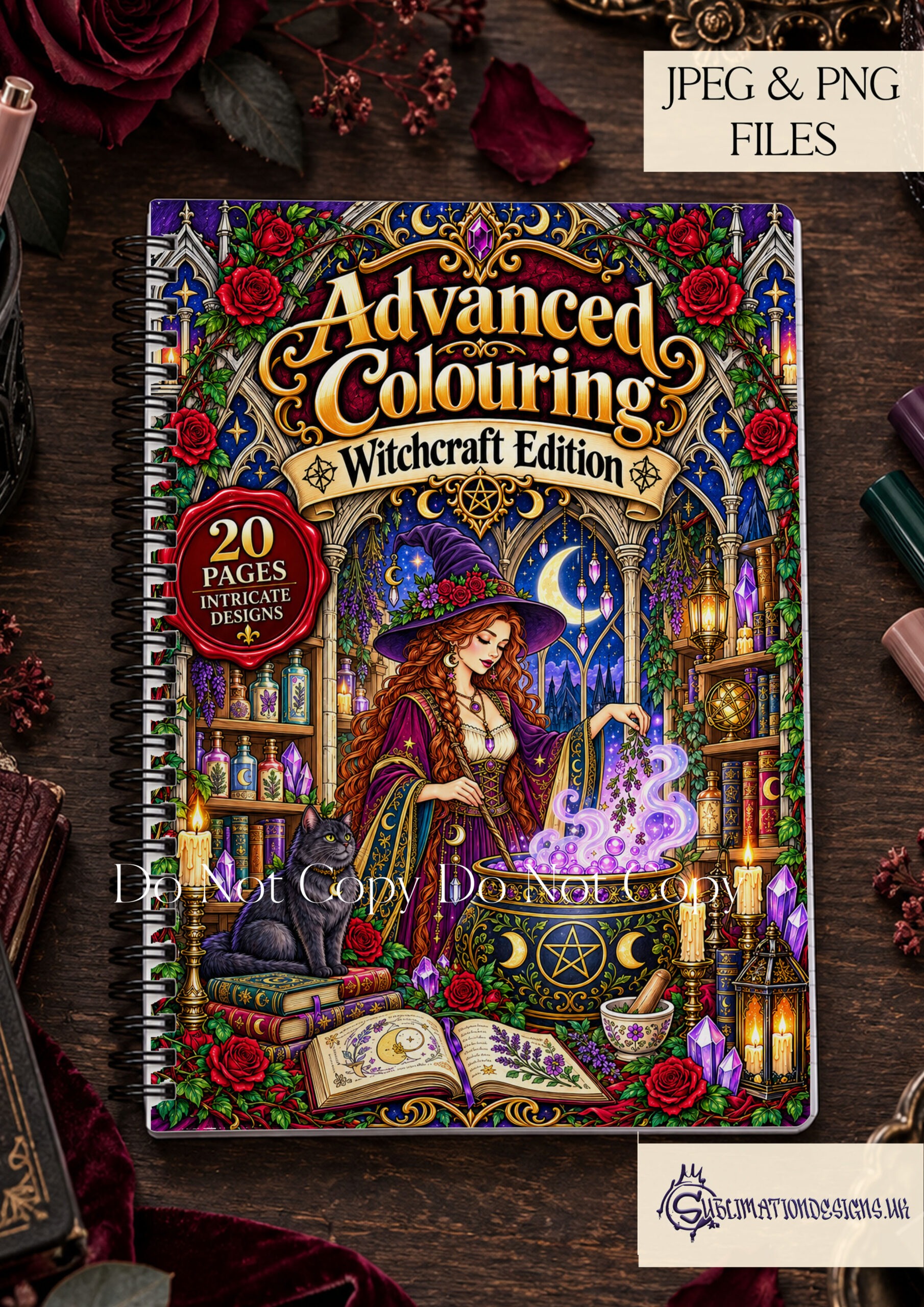 Advanced Witchcraft Colouring Pages featuring 20 intricate A4 witch illustrations with magical rooms, animal familiars and matching colouring book covers