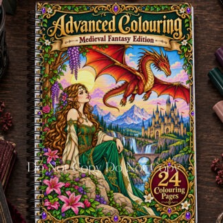 Advanced Medieval Fantasy Colouring Set featuring 24 intricate A4 colouring pages with knights, fairies, dragons and matching colouring book covers