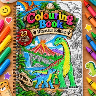 Dinosaur Colouring Pages Set of 23 featuring beginner friendly A4 portrait dinosaur illustrations with matching colouring book covers and example coloured page