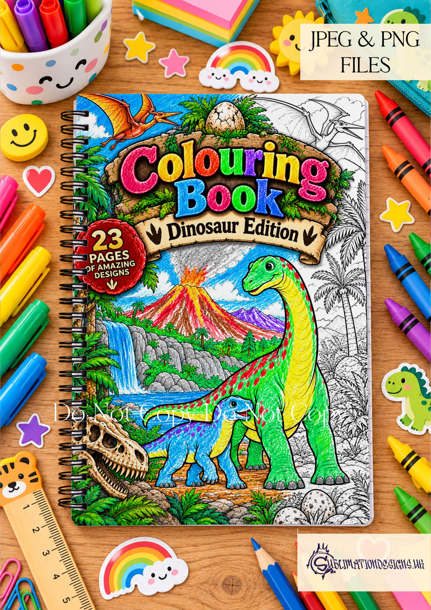 Dinosaur Colouring Pages Set of 23 featuring beginner friendly A4 portrait dinosaur illustrations with matching colouring book covers and example coloured page