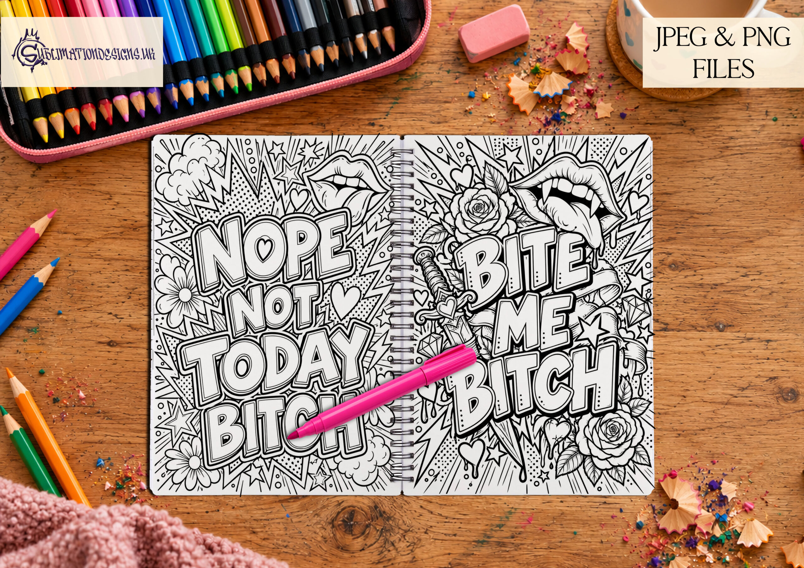 You Will Fucking Love This Colouring Book featuring 25 funny adult swear word colouring pages with rude phrases, matching covers and 5 product mock ups