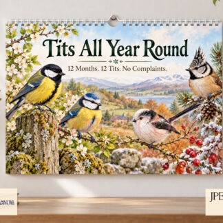 Tits All Year Round comedy calendar designs featuring tit birds in natural settings with monthly and textless A4 landscape versions