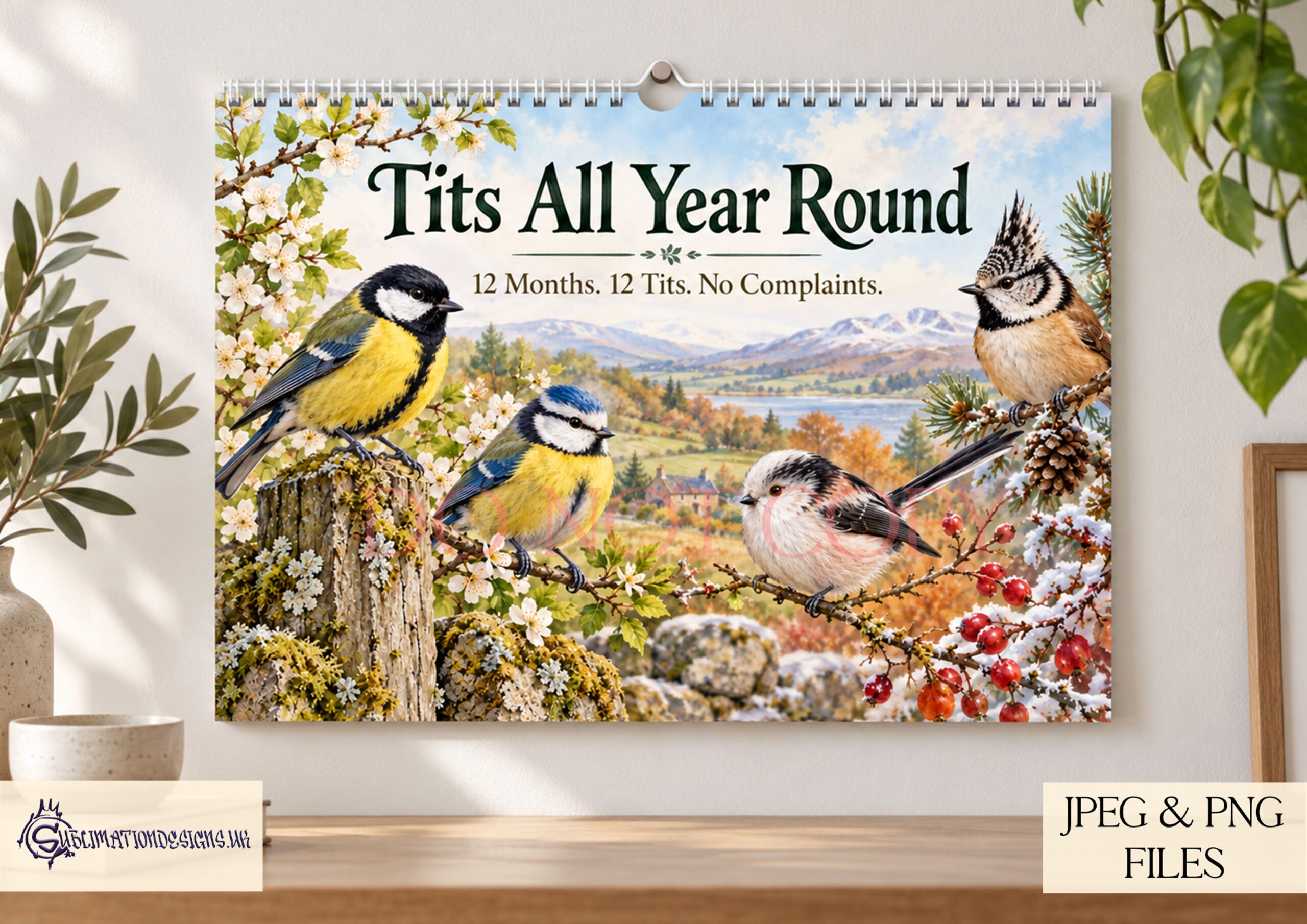 Tits All Year Round comedy calendar designs featuring tit birds in natural settings with monthly and textless A4 landscape versions