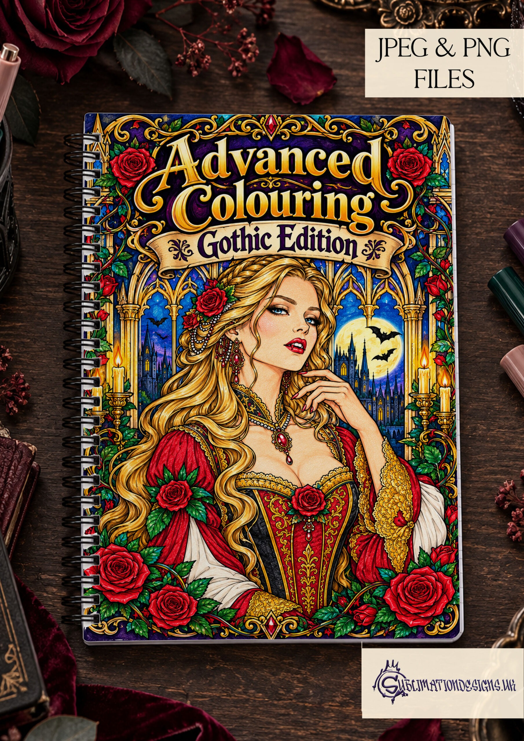 Gothic Advanced Colouring Book Pages Set of 20 featuring intricate black and white adult Gothic colouring designs in A4 Portrait format with front and back covers and printable colouring book mock ups