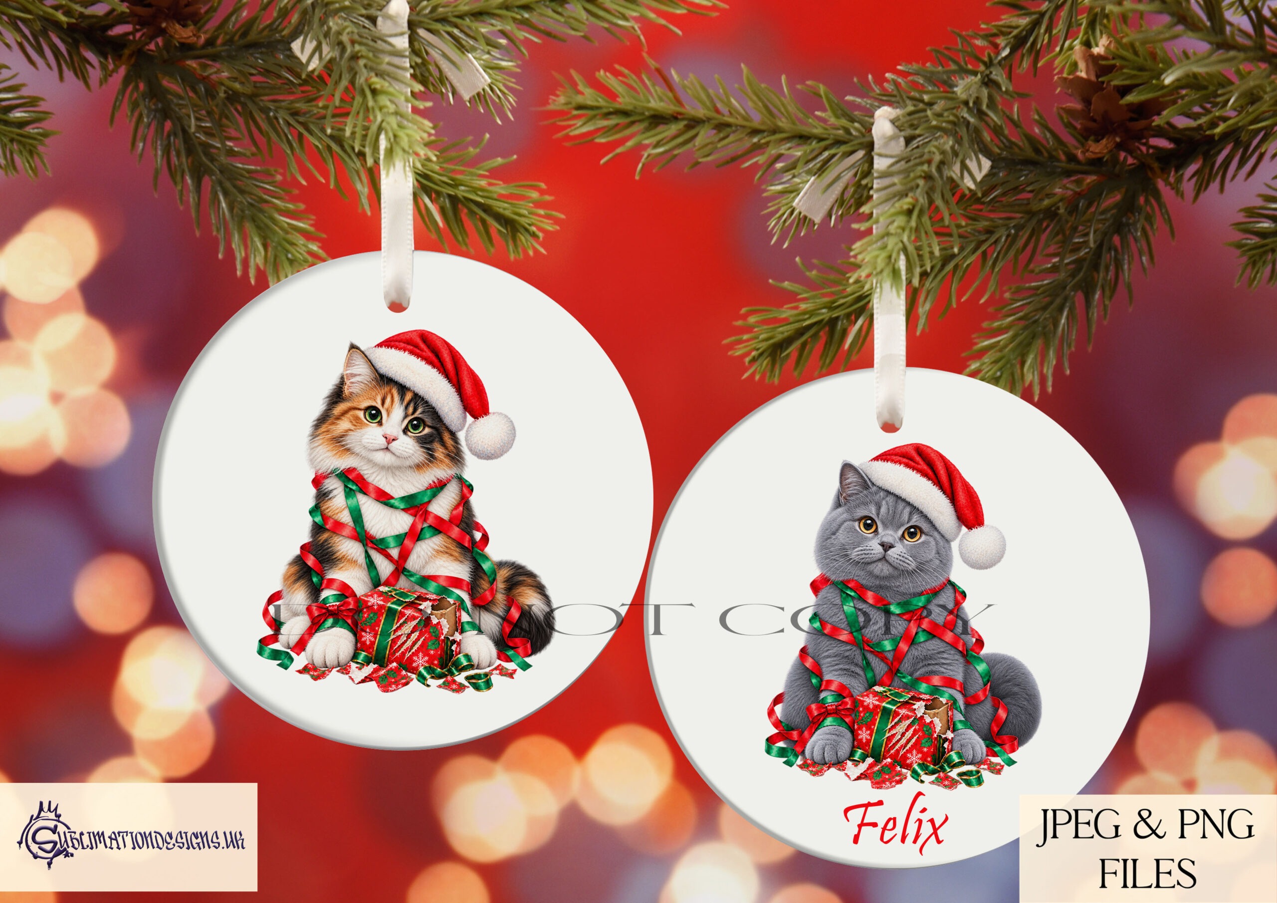 Mischievous Christmas cat designs featuring cats wrapped in festive tinsel with clawed open presents for personalised Christmas gifts