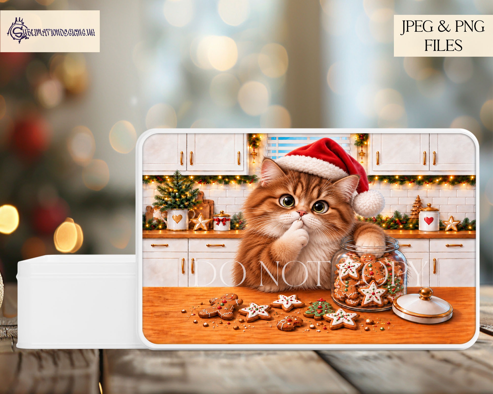 Christmas Cookie Thief cat designs featuring different cats wearing Santa hats and stealing cookies from a jar in festive kitchen scenes