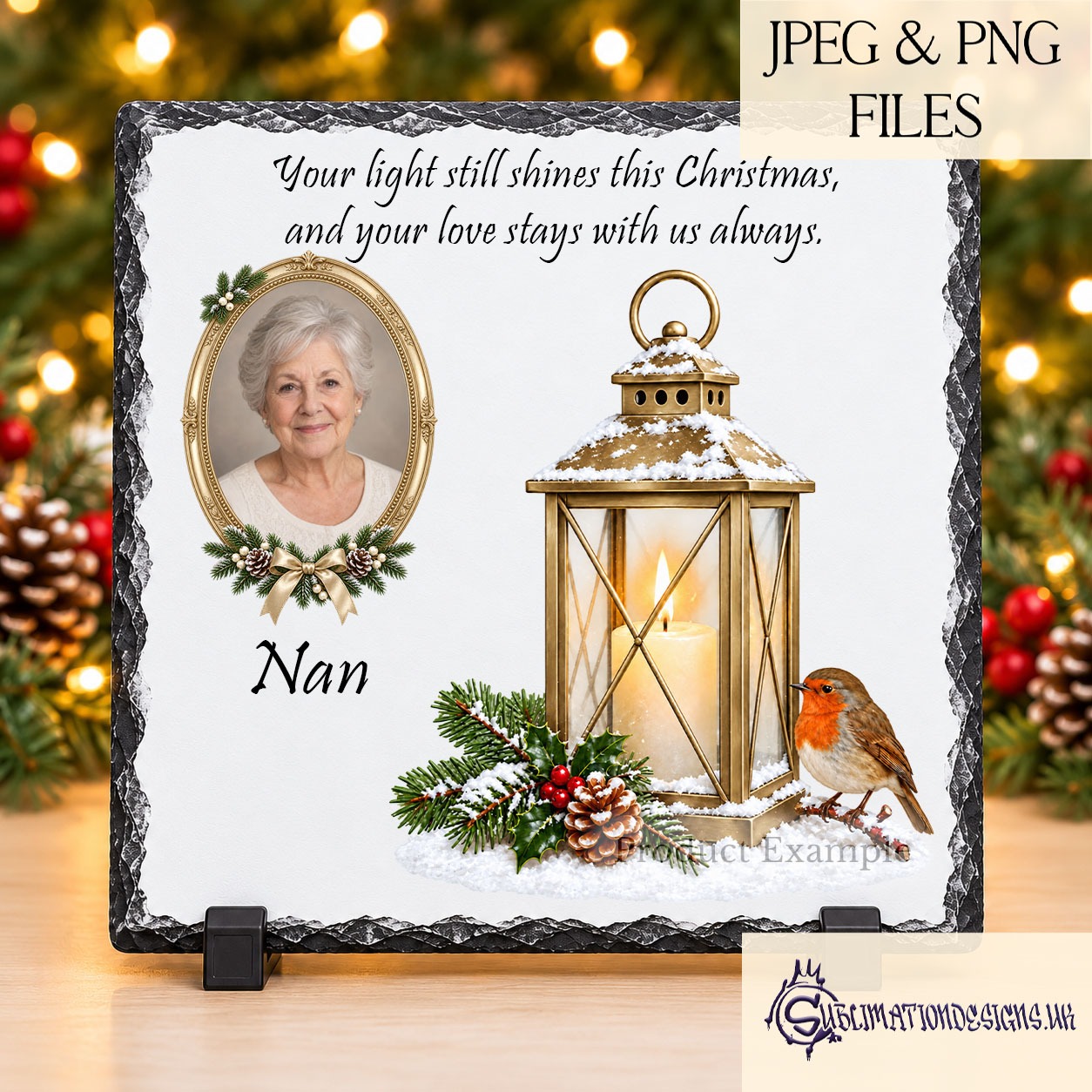 Christmas memorial lantern designs with robin options and gold photo frame for personalised remembrance baubles slates cushions and cards