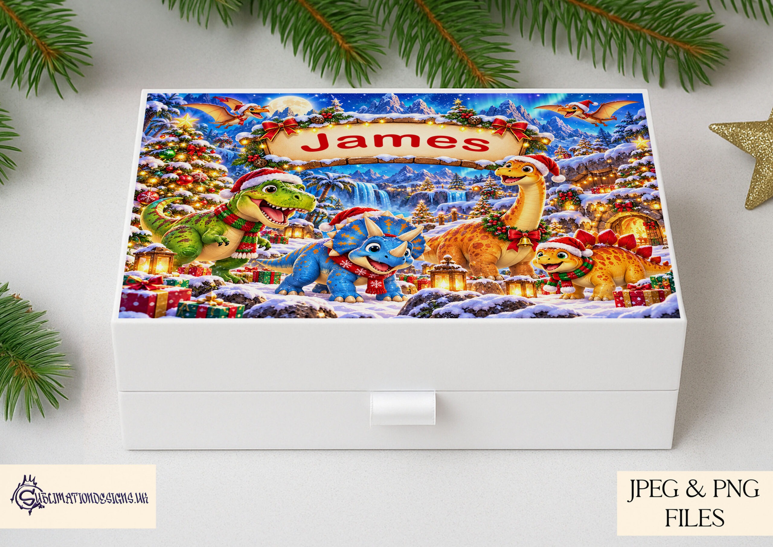 Children's Christmas placemat bundle featuring six personalised A4 placemat designs with matching Christmas mug wraps and square coaster designs