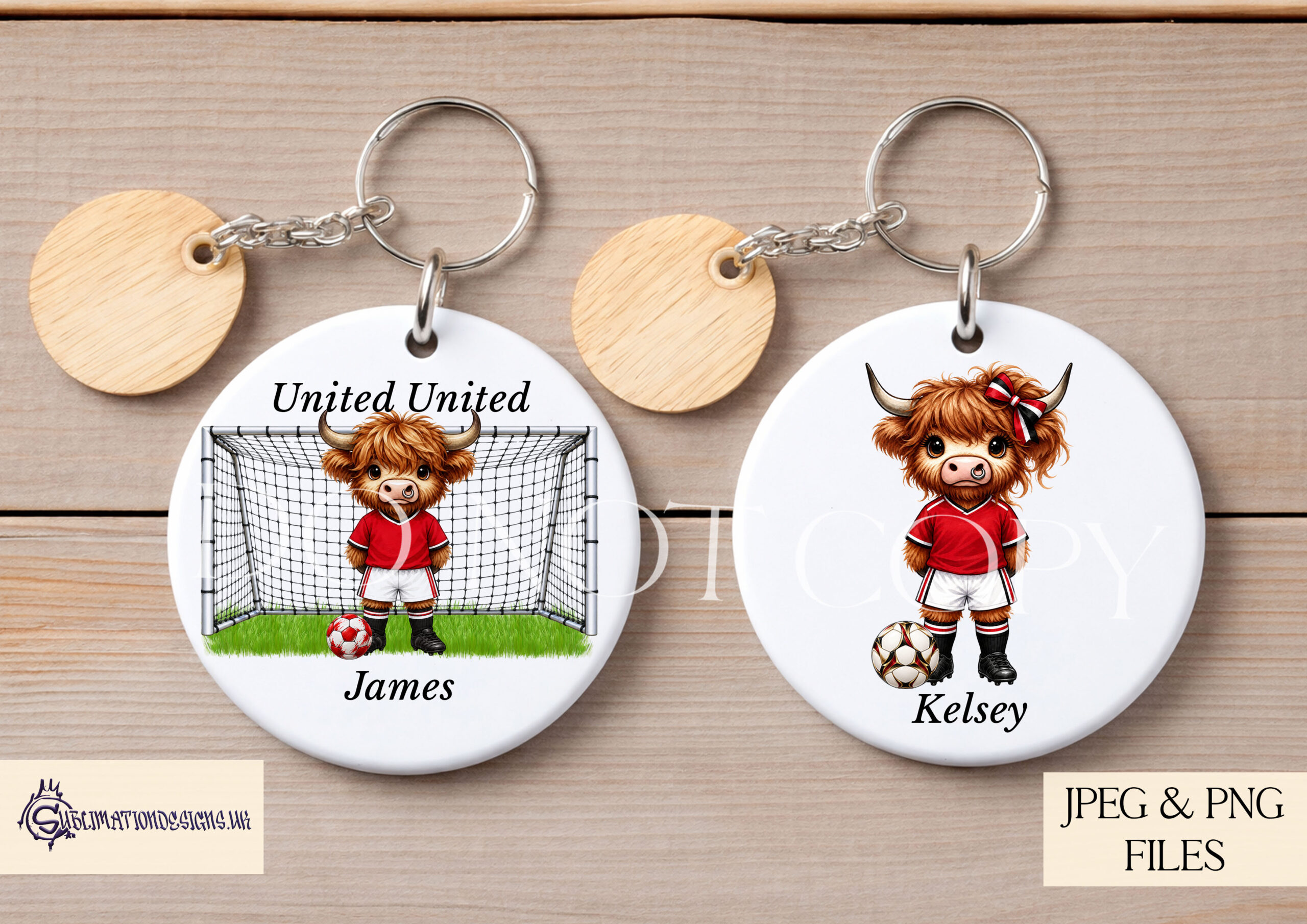 Highland cow footballers clip art with male and female players in different football kit colours plus footballs goals and grass background elements