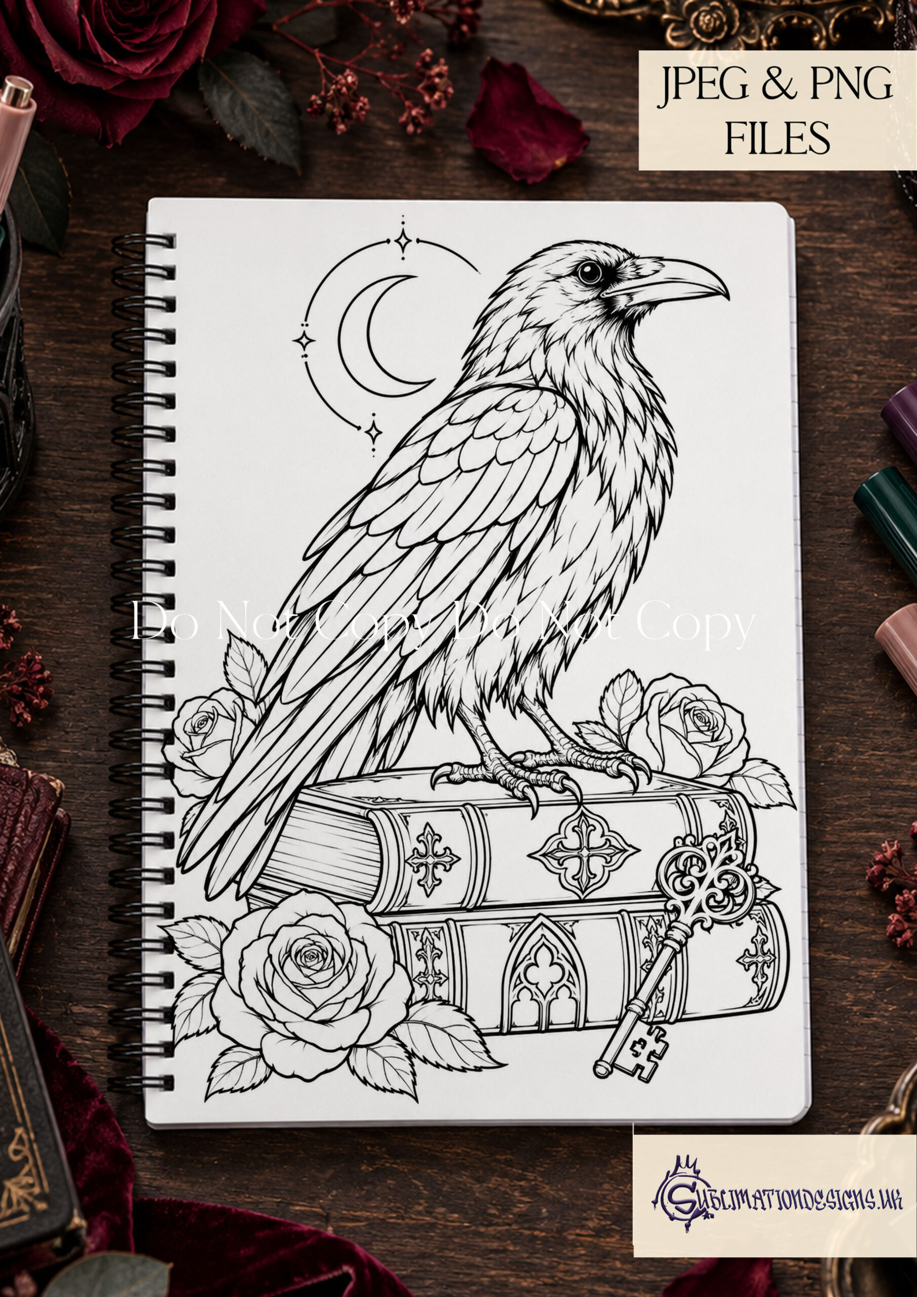 Gothic colouring pages for beginners featuring 20 A4 portrait printable designs with ravens skulls roses castles and other Gothic artwork