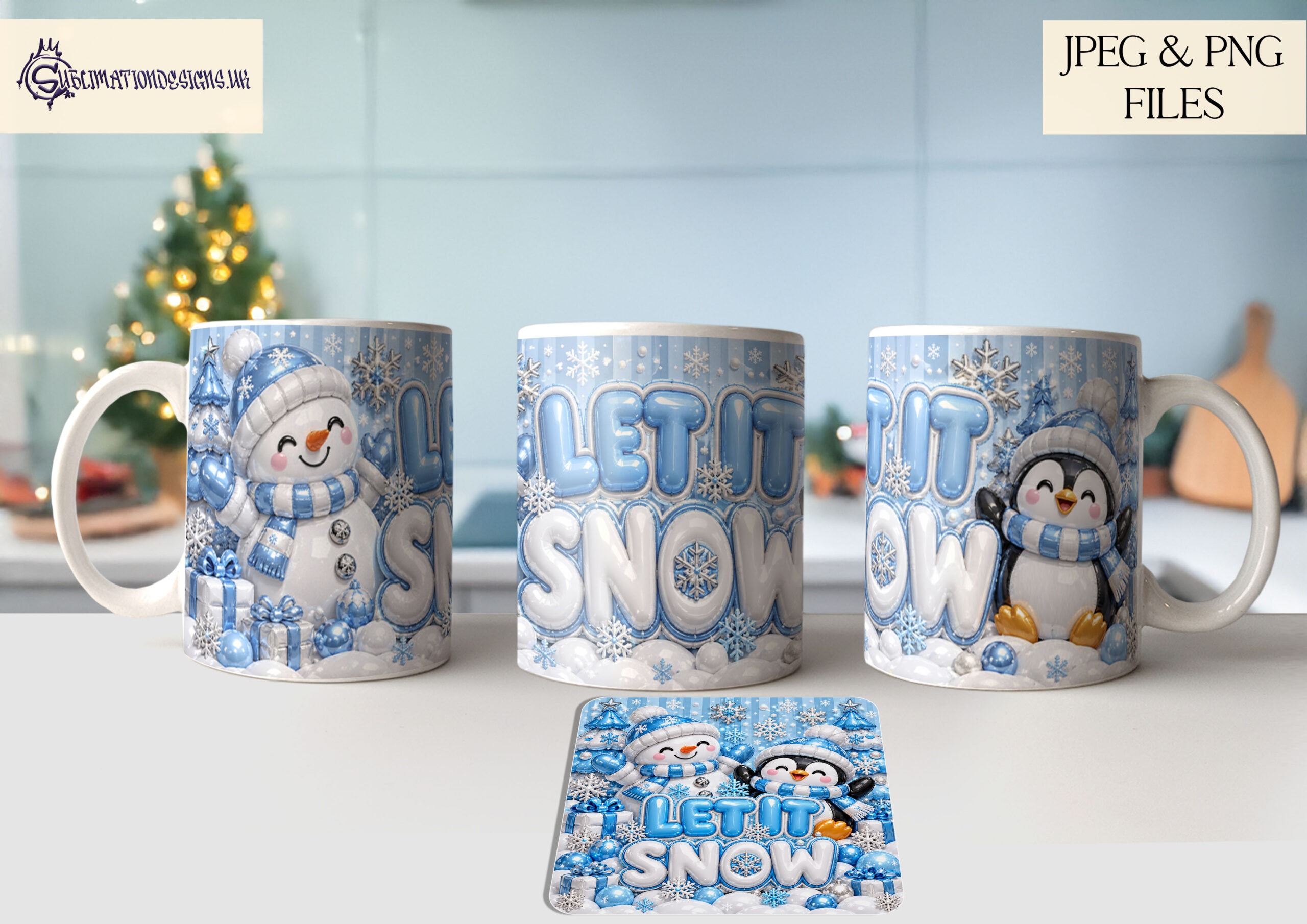Inflated Christmas mug and coaster designs featuring festive balloon style lettering including Merry Christmas Let It Snow and Oh Snap with 10 matching mug and coaster pairs