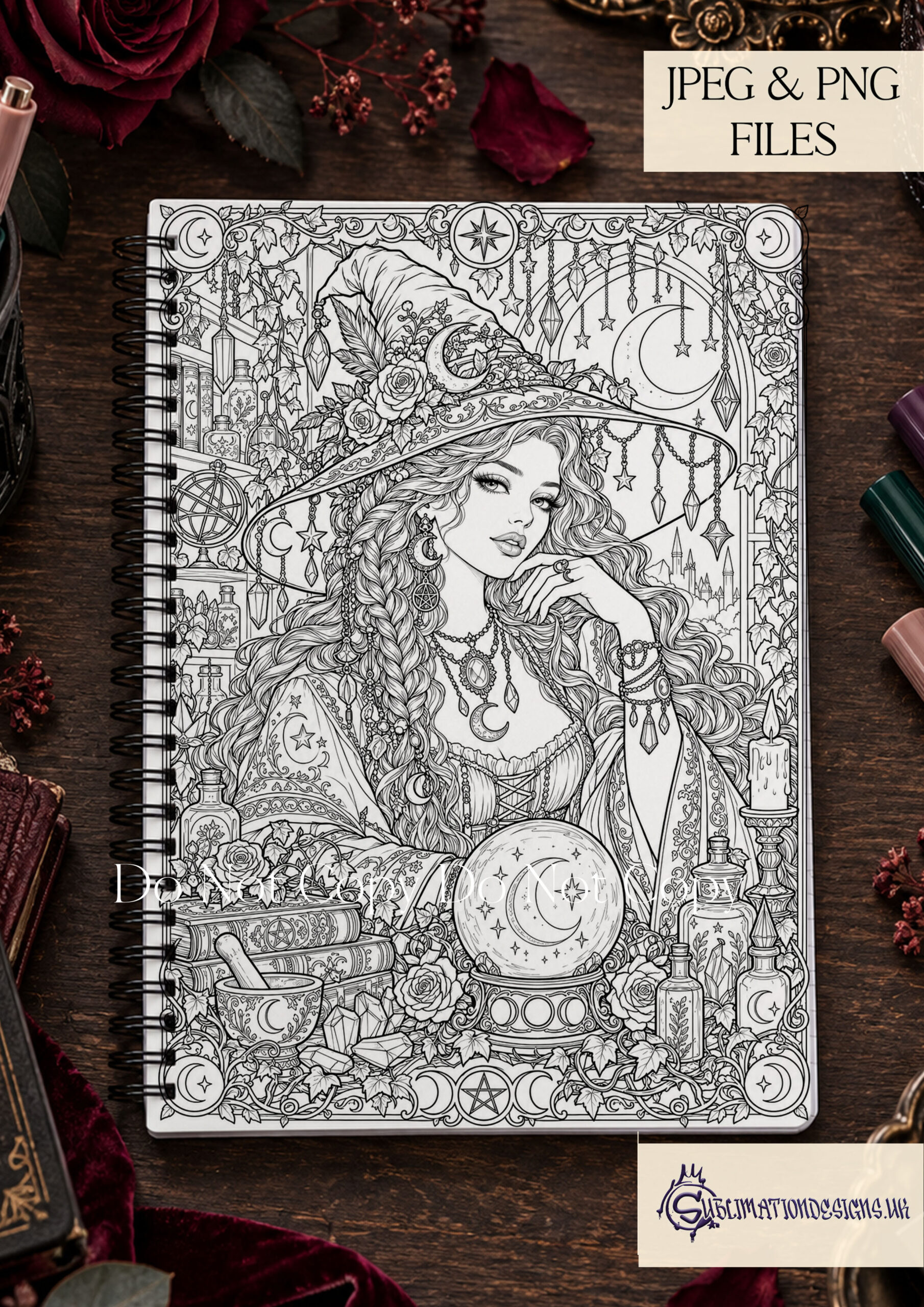 Advanced Witchcraft Colouring Pages featuring 20 intricate A4 witch illustrations with magical rooms, animal familiars and matching colouring book covers