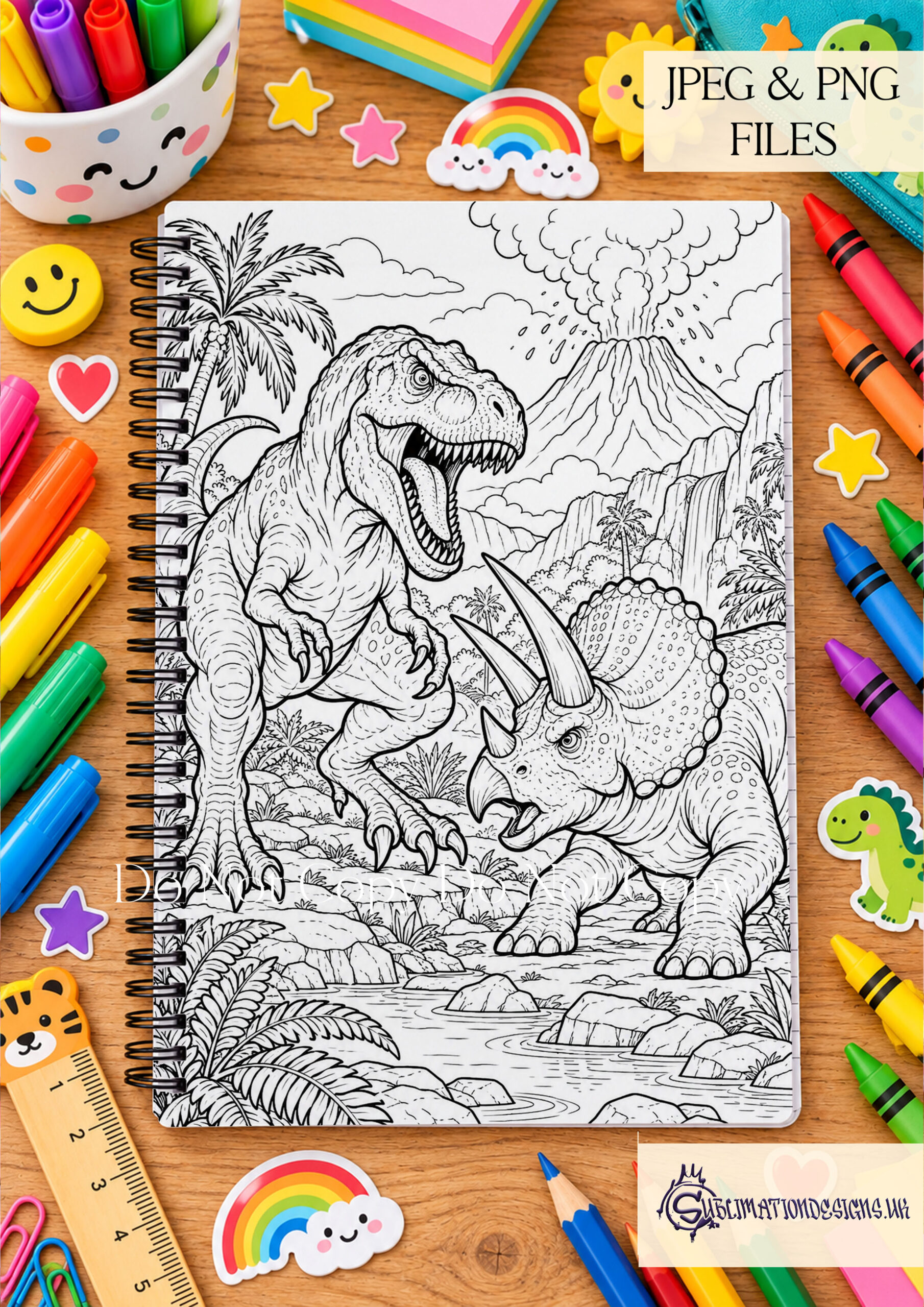 Dinosaur Colouring Pages Set of 23 featuring beginner friendly A4 portrait dinosaur illustrations with matching colouring book covers and example coloured page