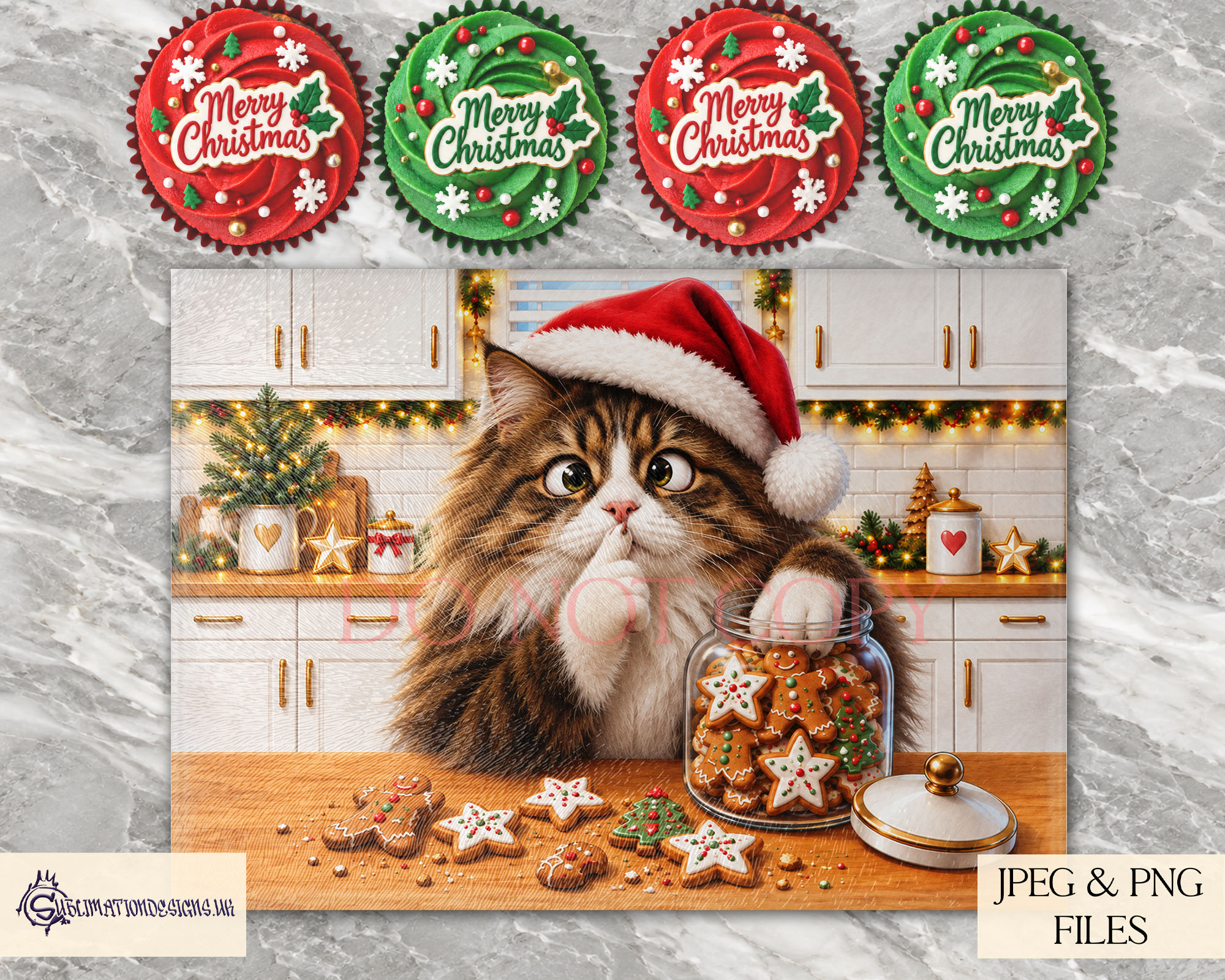 Christmas Cookie Thief cat designs featuring different cats wearing Santa hats and stealing cookies from a jar in festive kitchen scenes