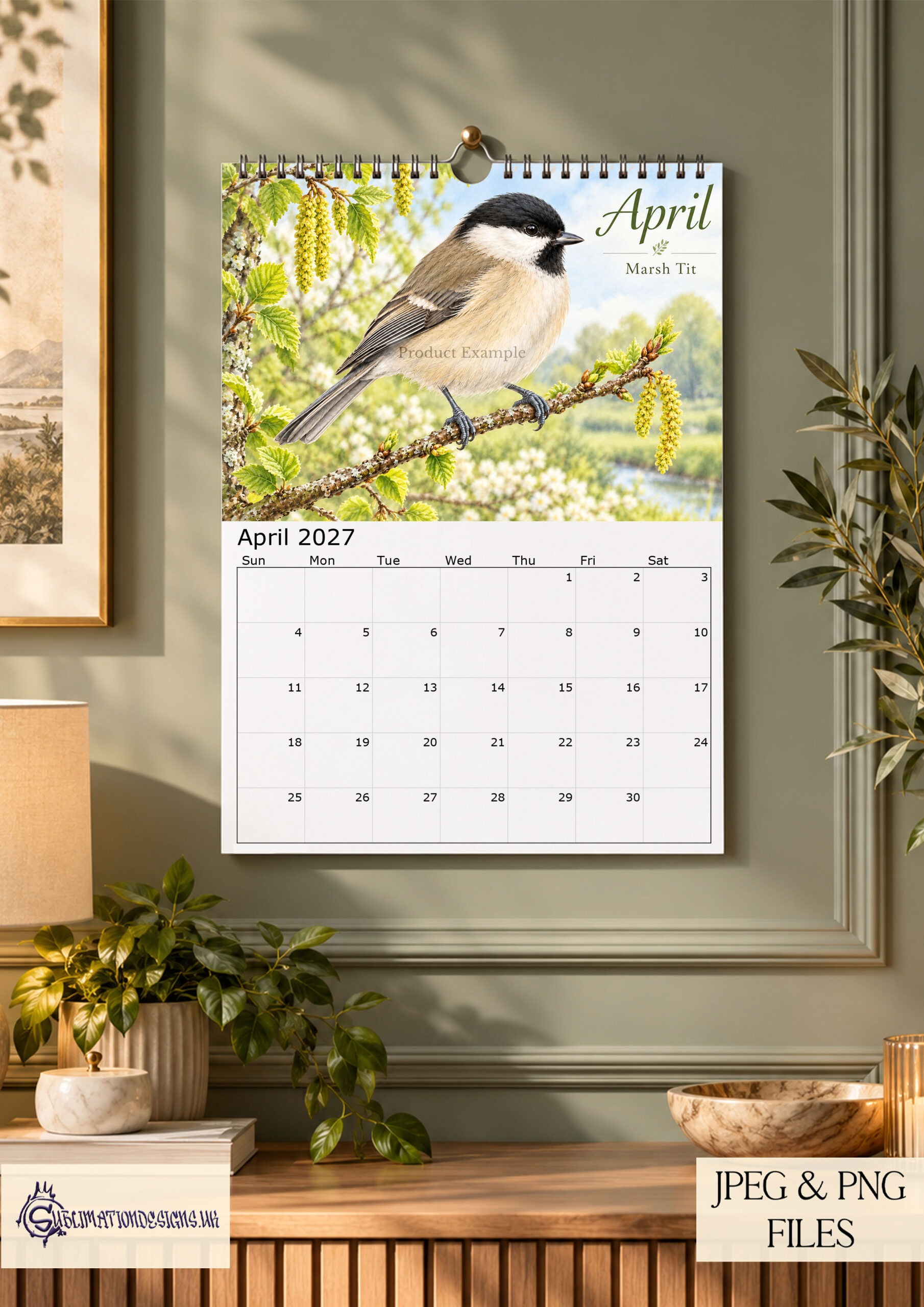 Tits All Year Round comedy calendar designs featuring tit birds in natural settings with monthly and textless A4 landscape versions