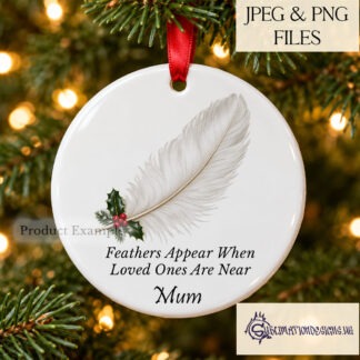 Christmas memorial feather designs featuring elegant festive feather artwork and a bonus frame for personalised remembrance baubles, slates and cushions