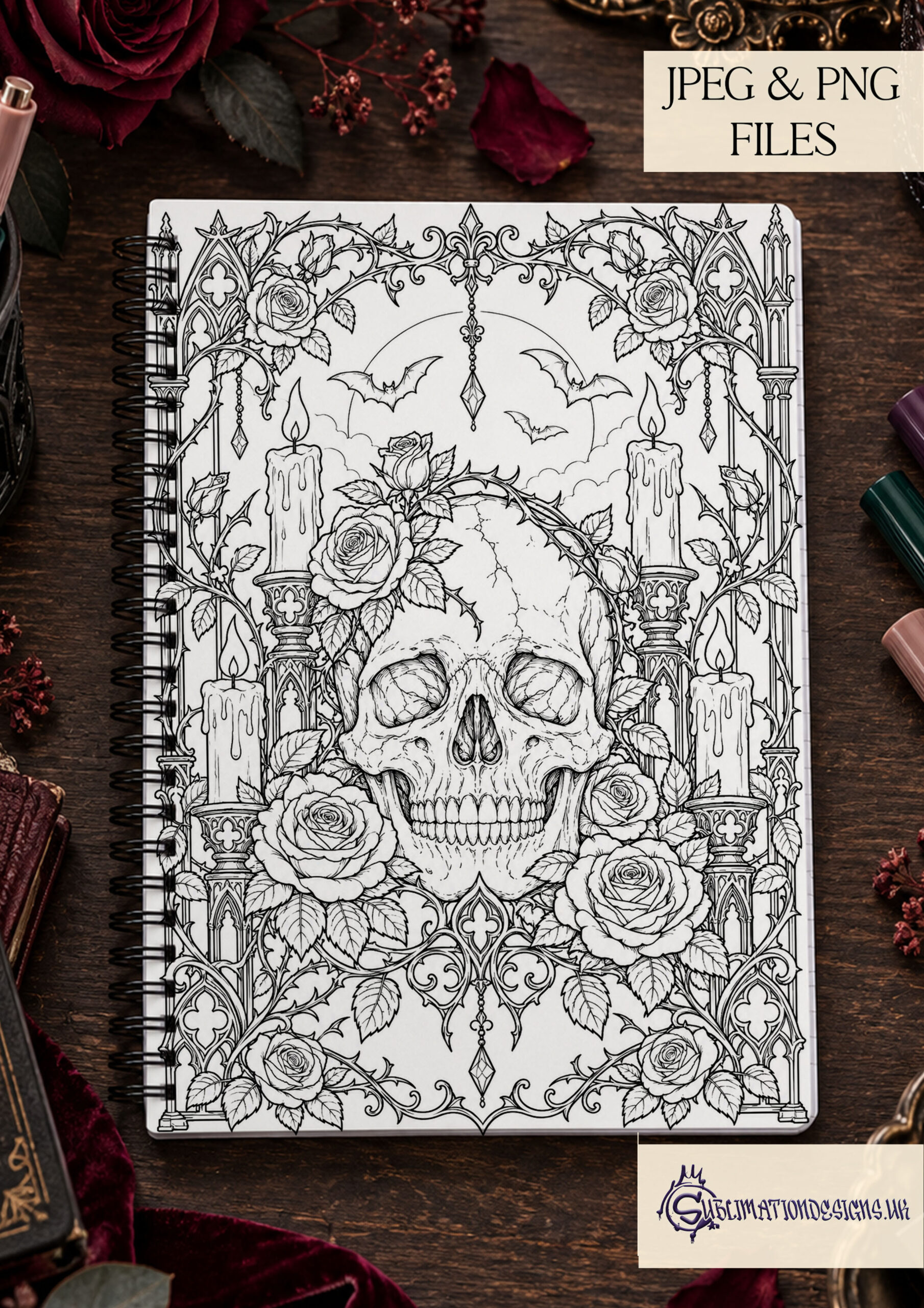 Gothic Advanced Colouring Book Pages Set of 20 featuring intricate black and white adult Gothic colouring designs in A4 Portrait format with front and back covers and printable colouring book mock ups