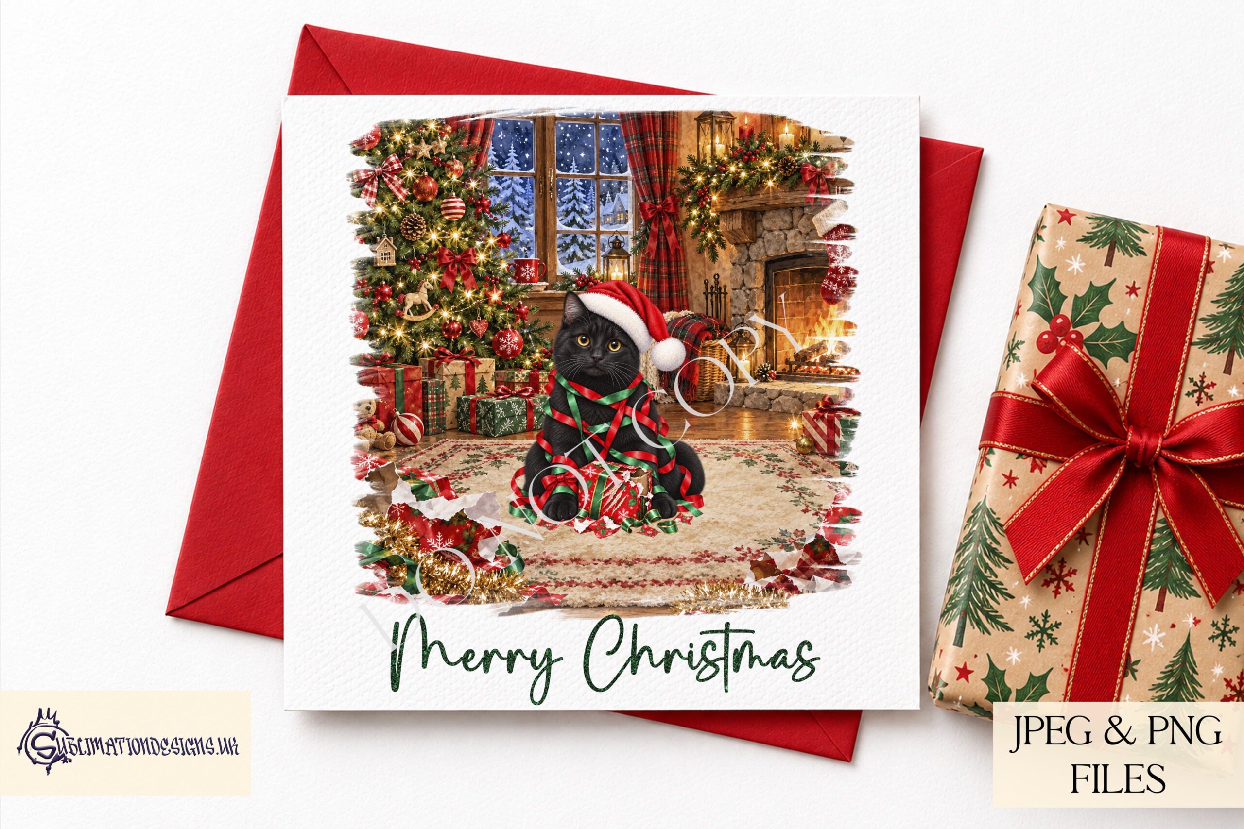 Mischievous Christmas cat designs featuring cats wrapped in festive tinsel with clawed open presents for personalised Christmas gifts