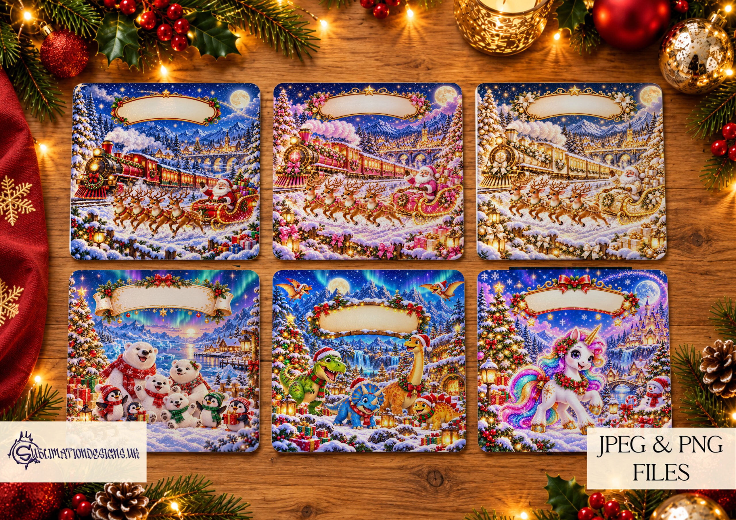 Children's Christmas placemat bundle featuring six personalised A4 placemat designs with matching Christmas mug wraps and square coaster designs