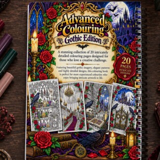 Gothic Advanced Colouring Book Pages Set of 20 featuring intricate black and white adult Gothic colouring designs in A4 Portrait format with front and back covers and printable colouring book mock ups