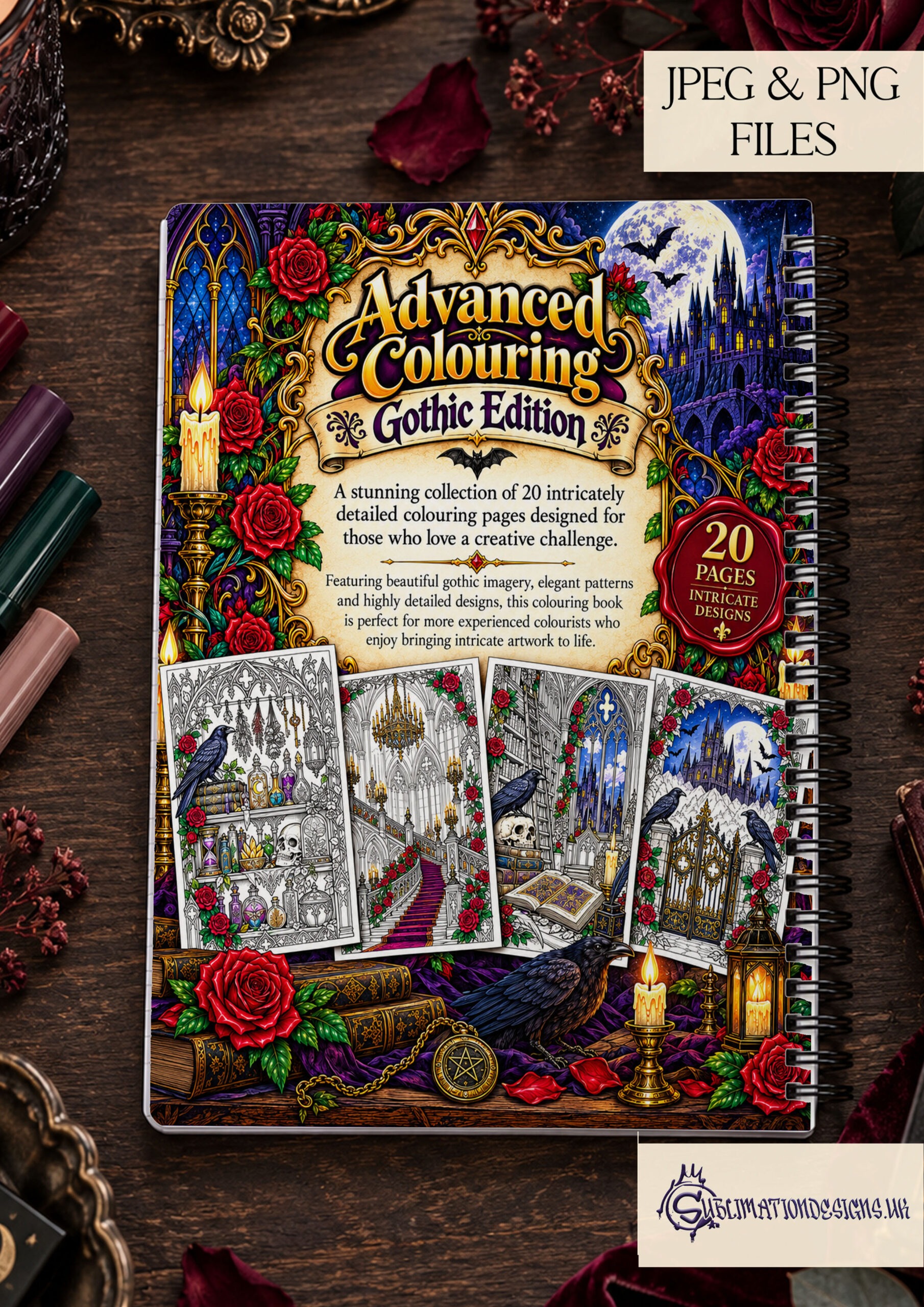 Gothic Advanced Colouring Book Pages Set of 20 featuring intricate black and white adult Gothic colouring designs in A4 Portrait format with front and back covers and printable colouring book mock ups