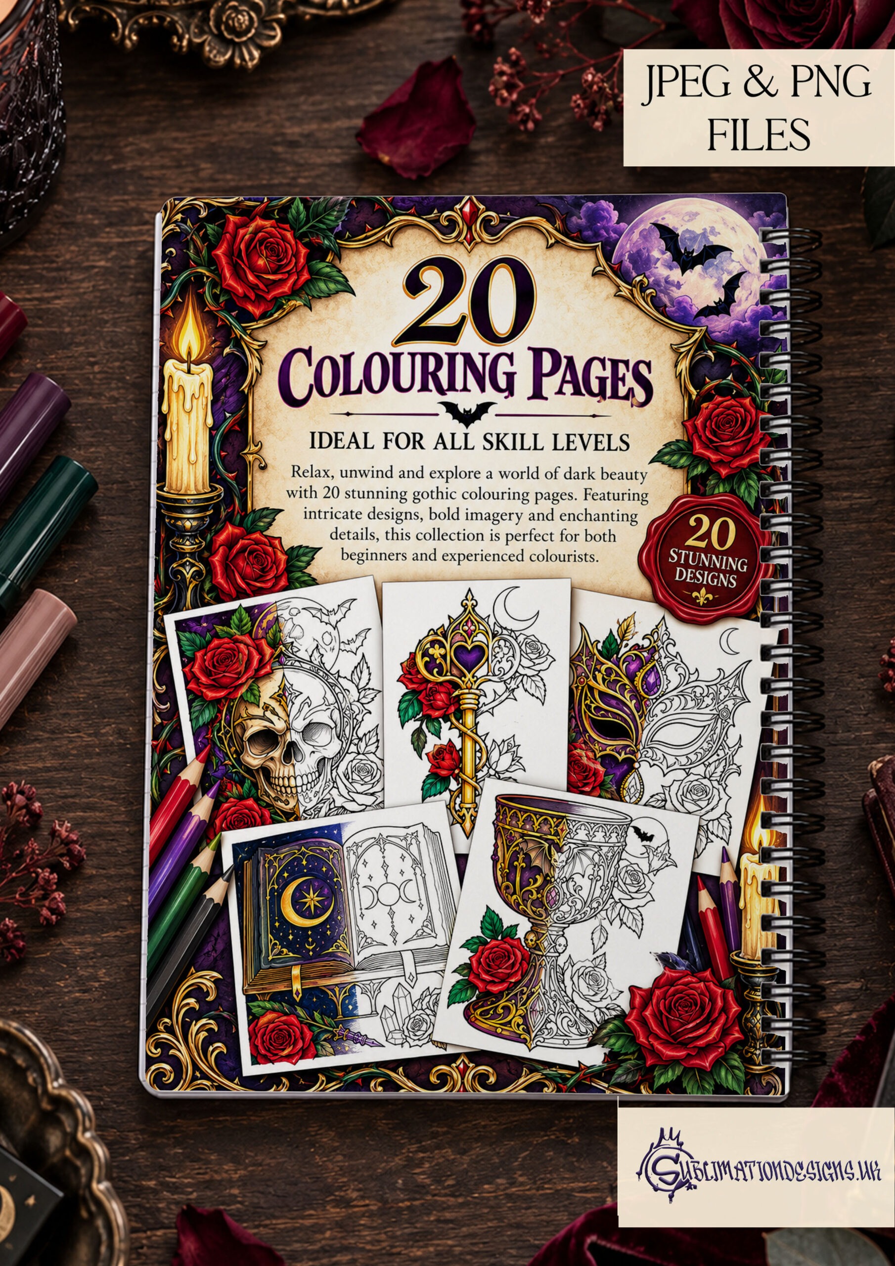 Gothic colouring pages for beginners featuring 20 A4 portrait printable designs with ravens skulls roses castles and other Gothic artwork
