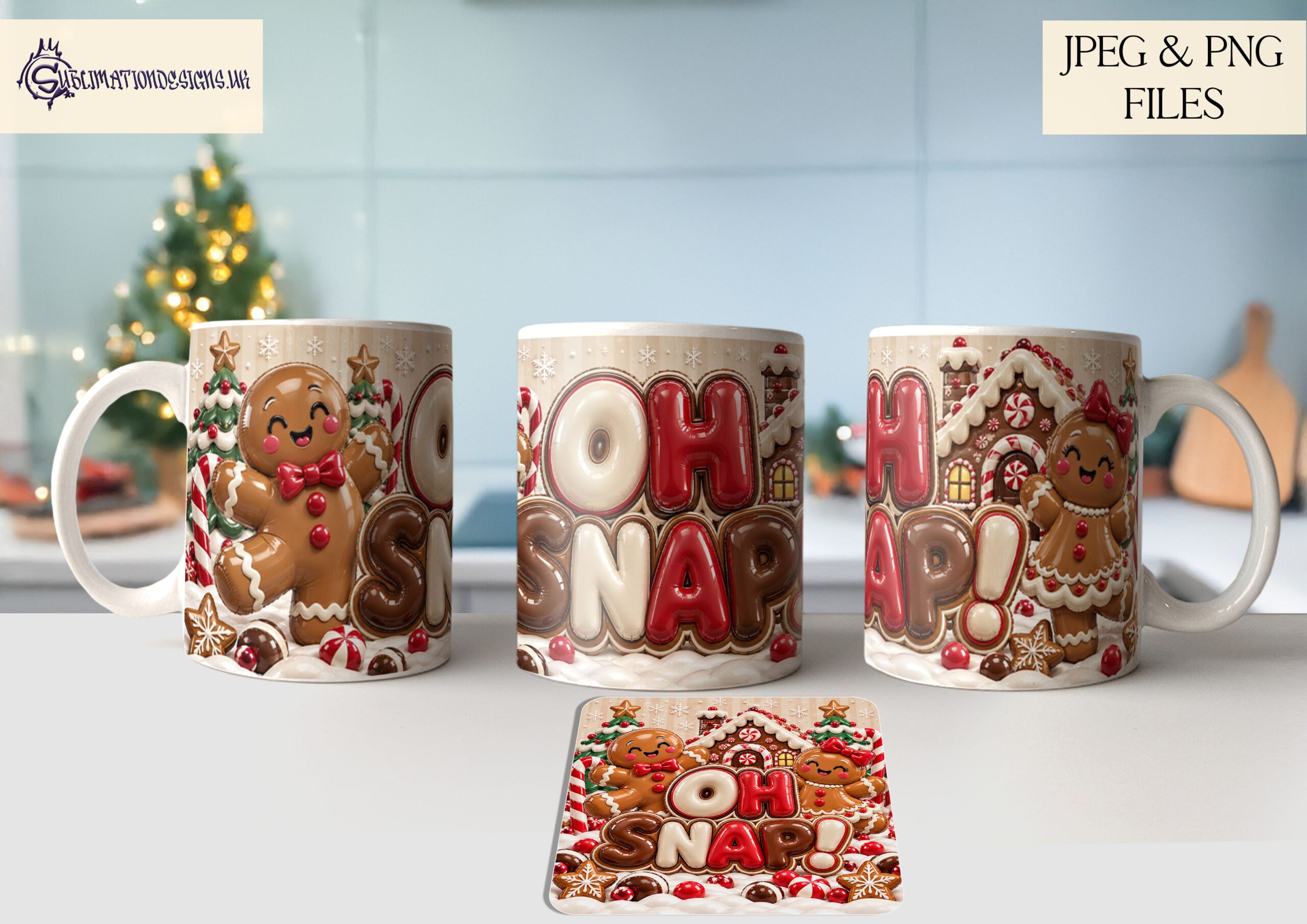 Inflated Christmas mug and coaster designs featuring festive balloon style lettering including Merry Christmas Let It Snow and Oh Snap with 10 matching mug and coaster pairs