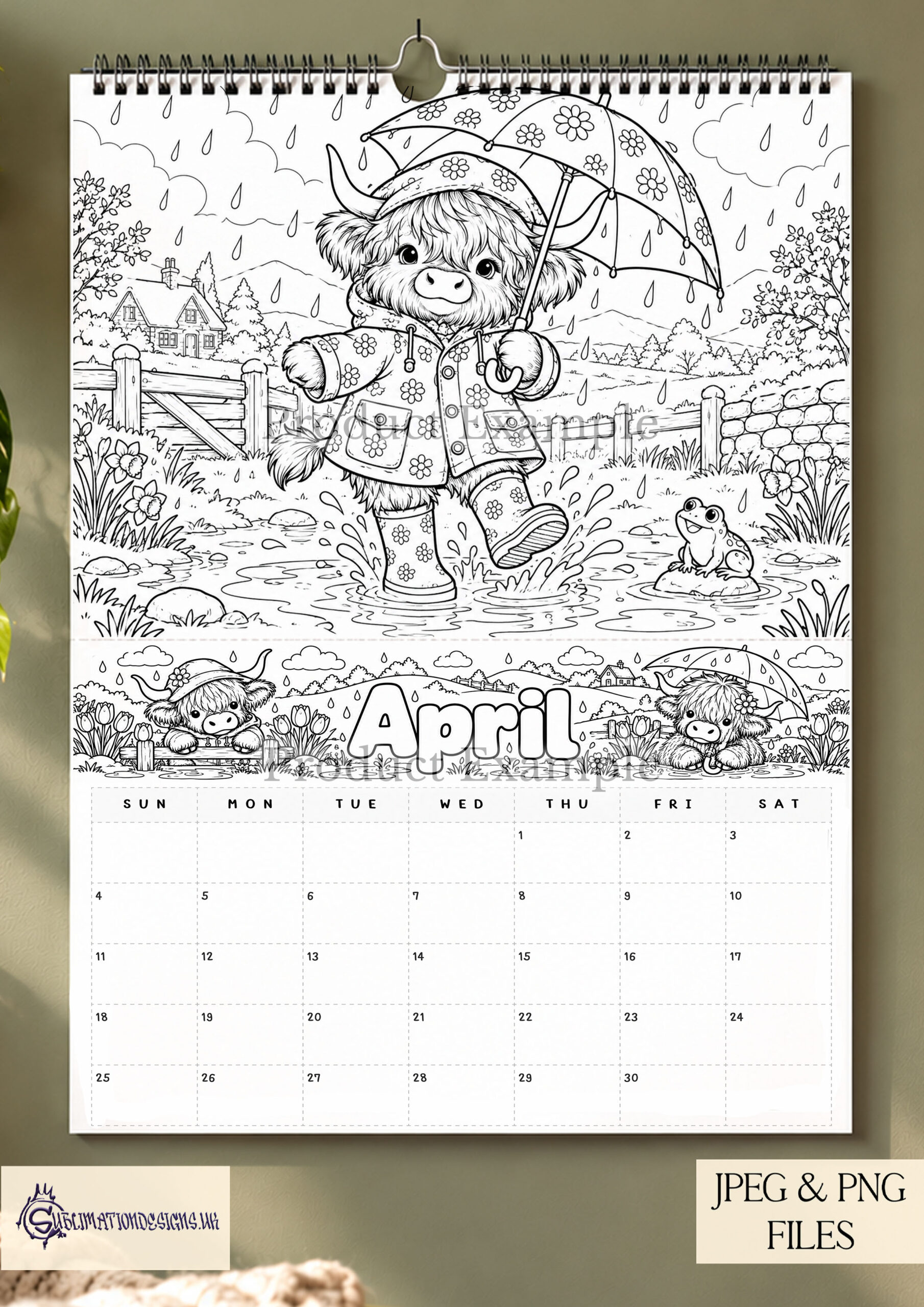 Highland Cow Colouring Limited Edition featuring 20 printable colouring pages, 2027 Highland Cow calendar designs, 12 month headers and reusable calendar templates