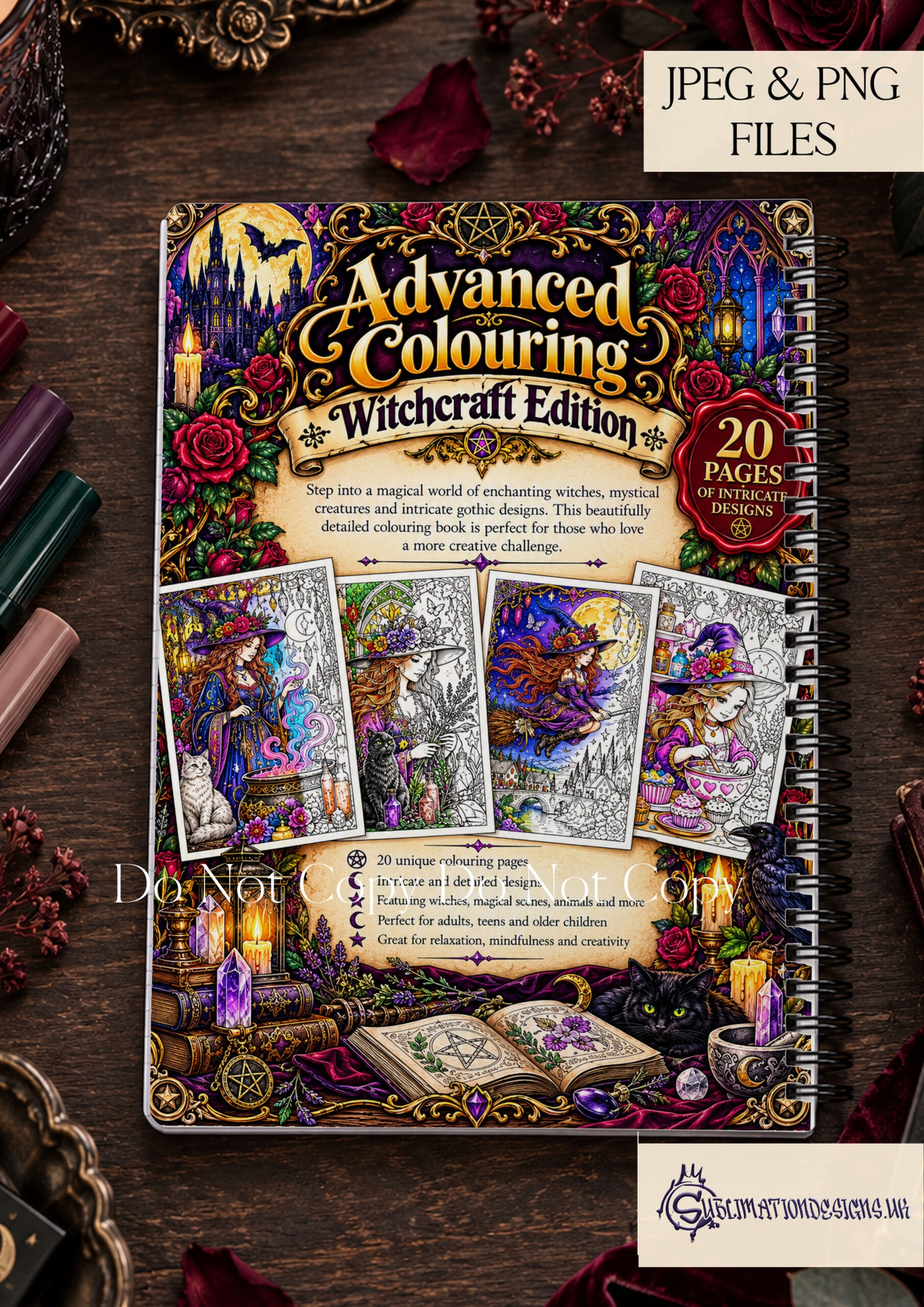 Advanced Witchcraft Colouring Pages featuring 20 intricate A4 witch illustrations with magical rooms, animal familiars and matching colouring book covers