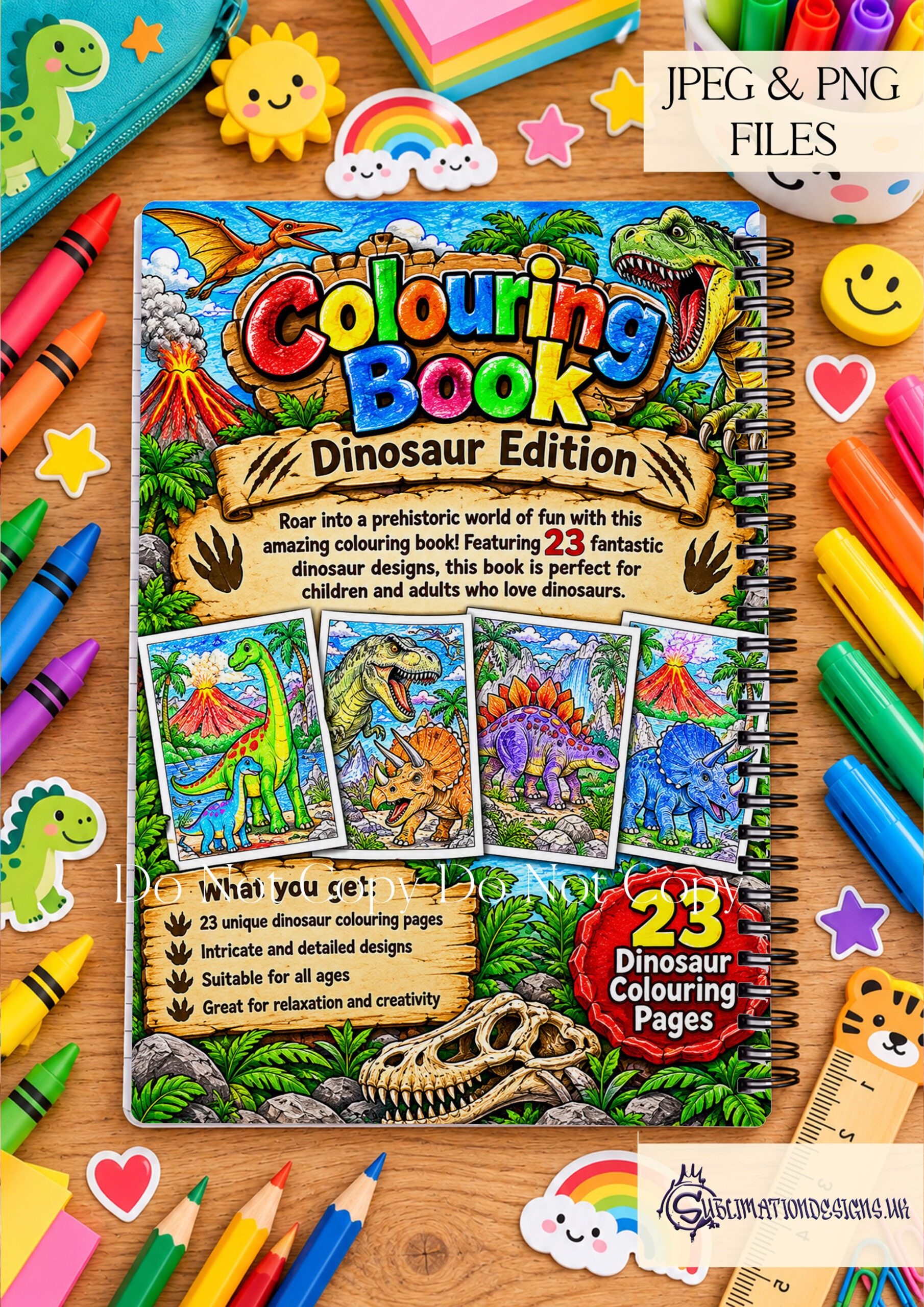 Dinosaur Colouring Pages Set of 23 featuring beginner friendly A4 portrait dinosaur illustrations with matching colouring book covers and example coloured page