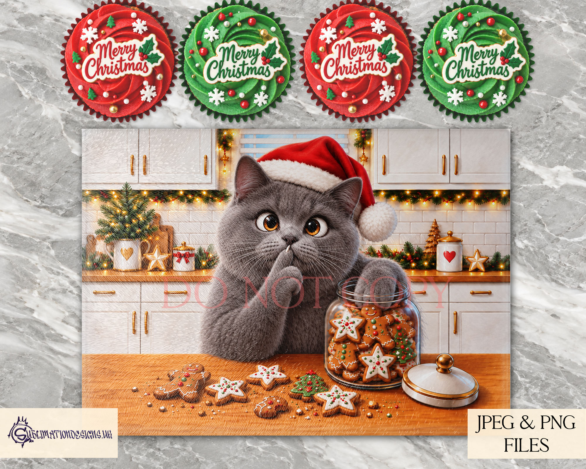 Christmas Cookie Thief cat designs featuring different cats wearing Santa hats and stealing cookies from a jar in festive kitchen scenes