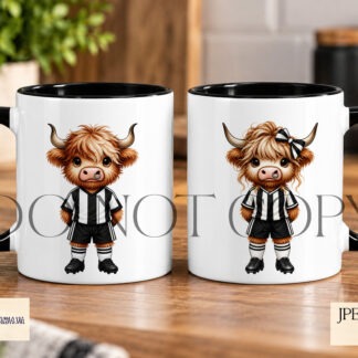 Highland cow footballers clip art with male and female players in different football kit colours plus footballs goals and grass background elements