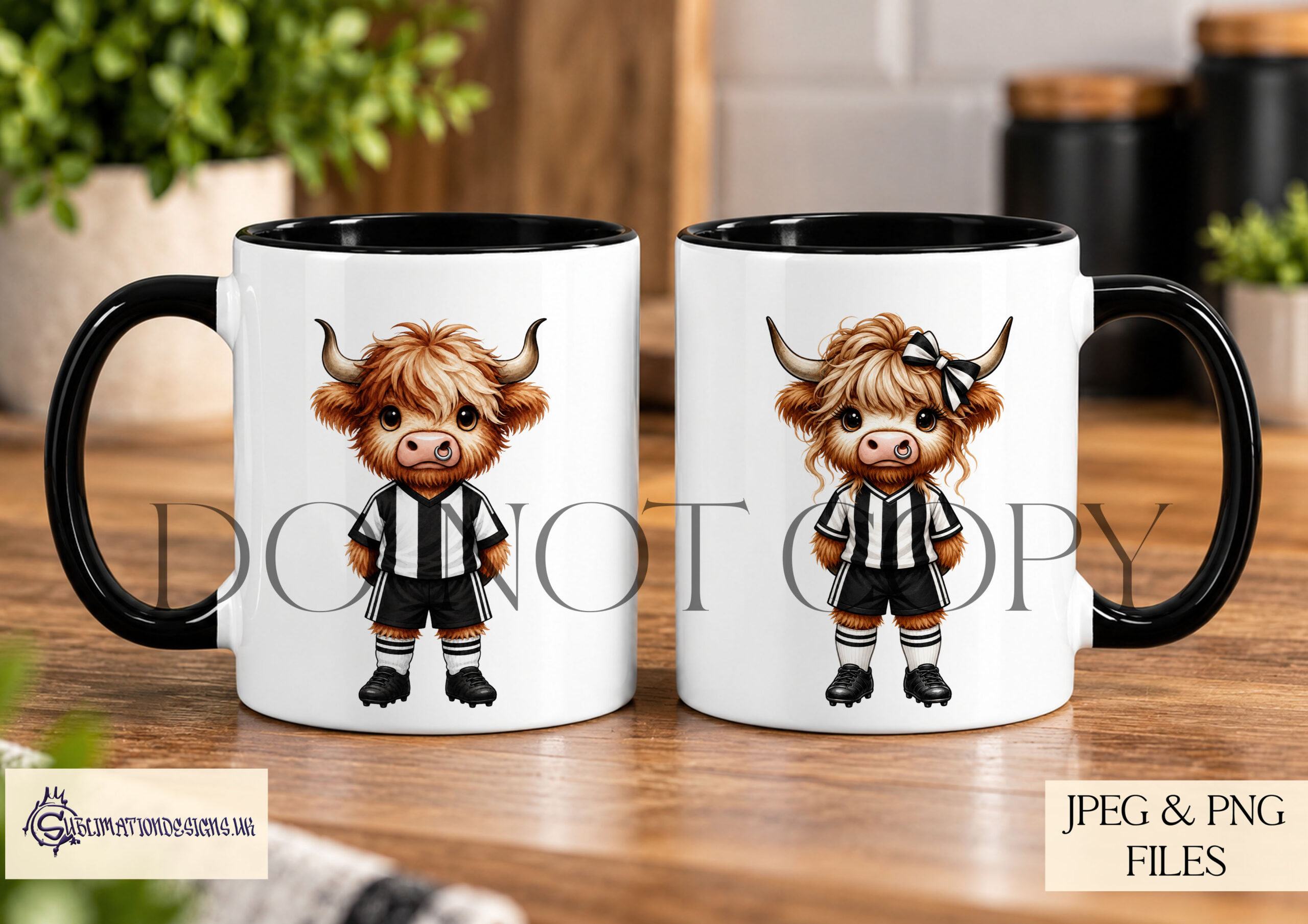 Highland cow footballers clip art with male and female players in different football kit colours plus footballs goals and grass background elements