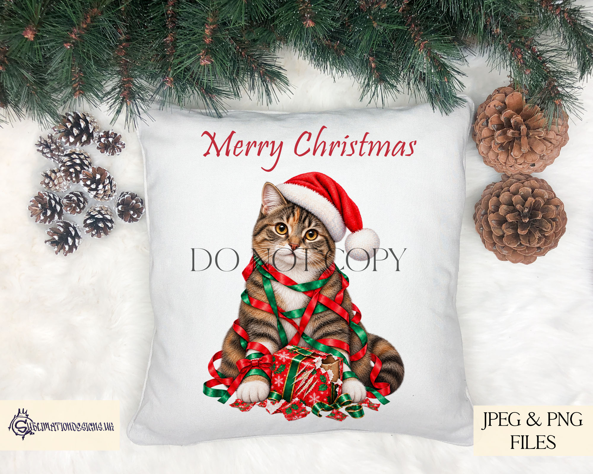 Mischievous Christmas cat designs featuring cats wrapped in festive tinsel with clawed open presents for personalised Christmas gifts