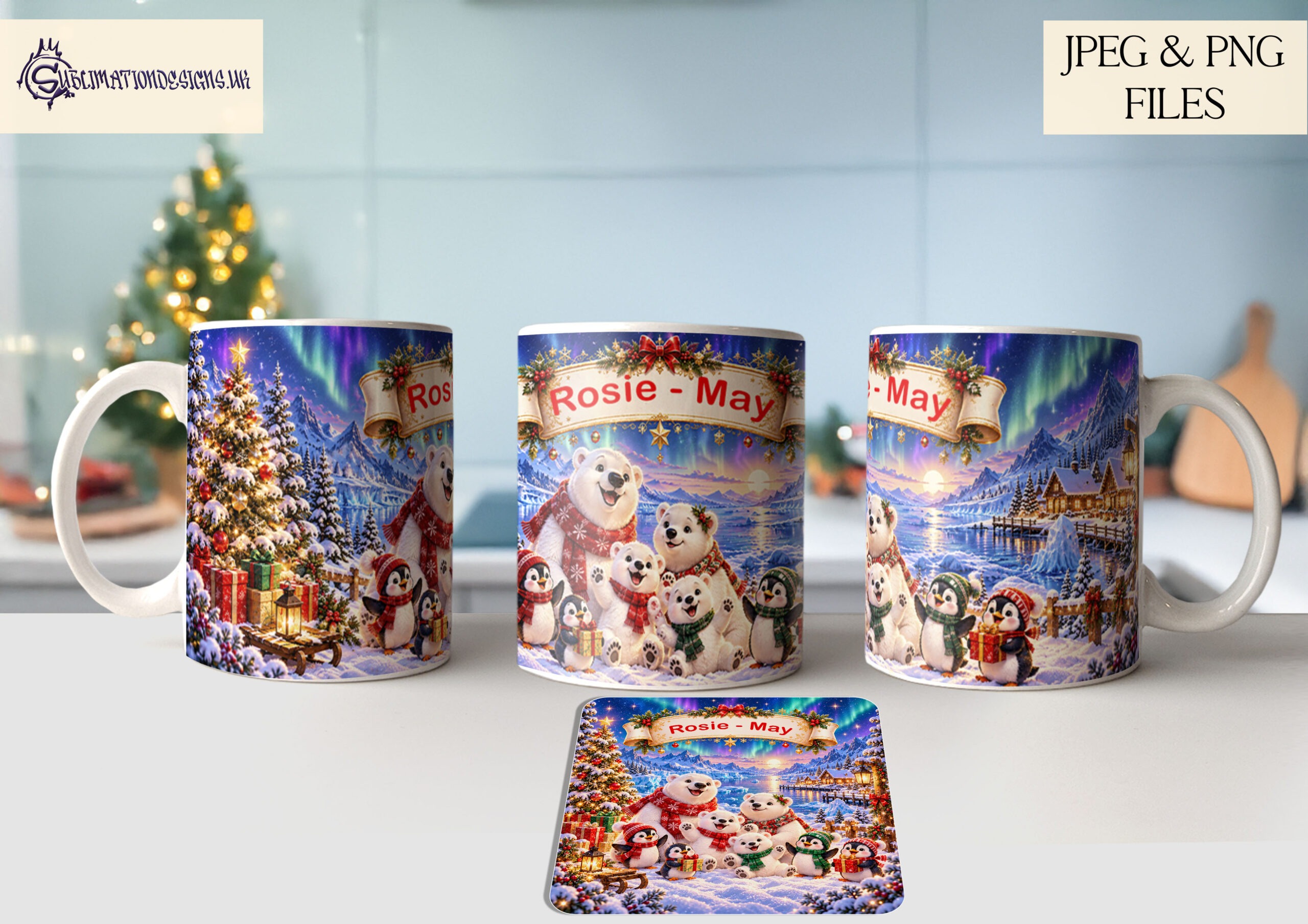Children's Christmas placemat bundle featuring six personalised A4 placemat designs with matching Christmas mug wraps and square coaster designs