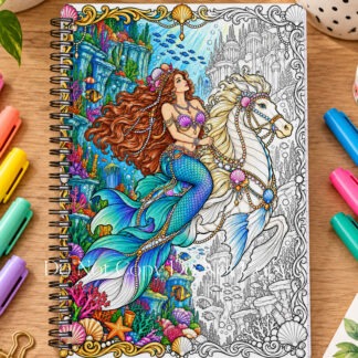 Advanced Mermaid Colouring Book Pages Set of 28 featuring detailed A4 portrait mermaid illustrations with intricate underwater scenes and black outline artwork