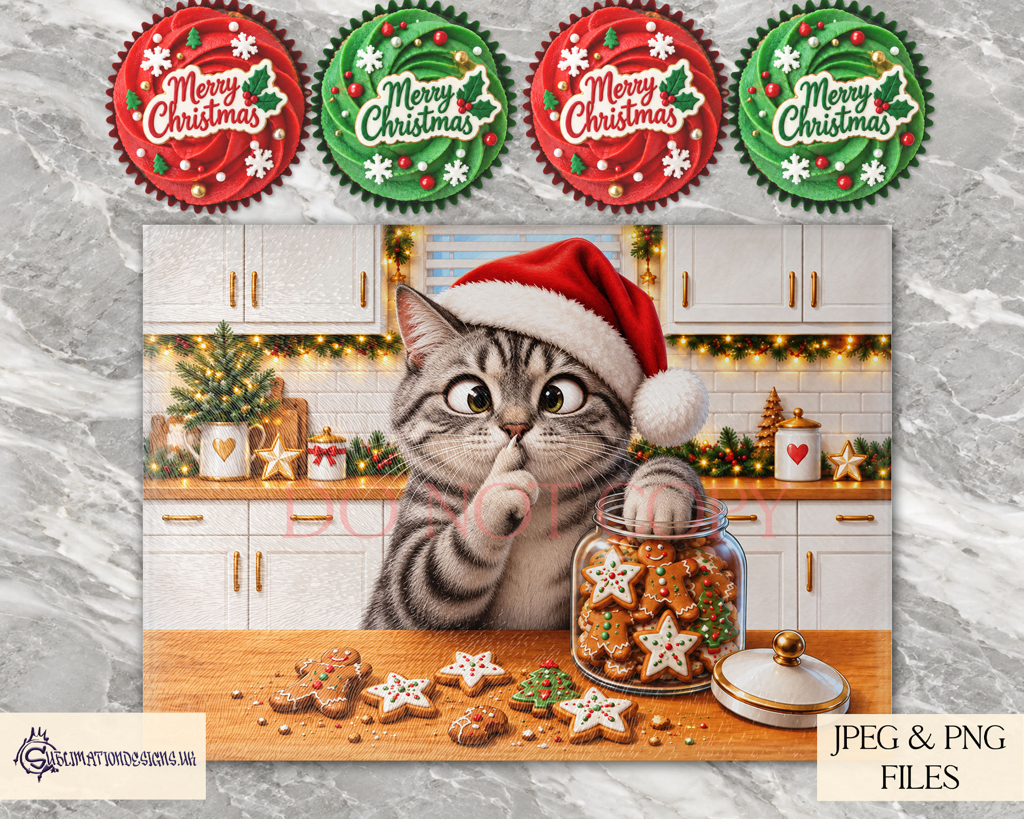 Christmas Cookie Thief cat designs featuring different cats wearing Santa hats and stealing cookies from a jar in festive kitchen scenes