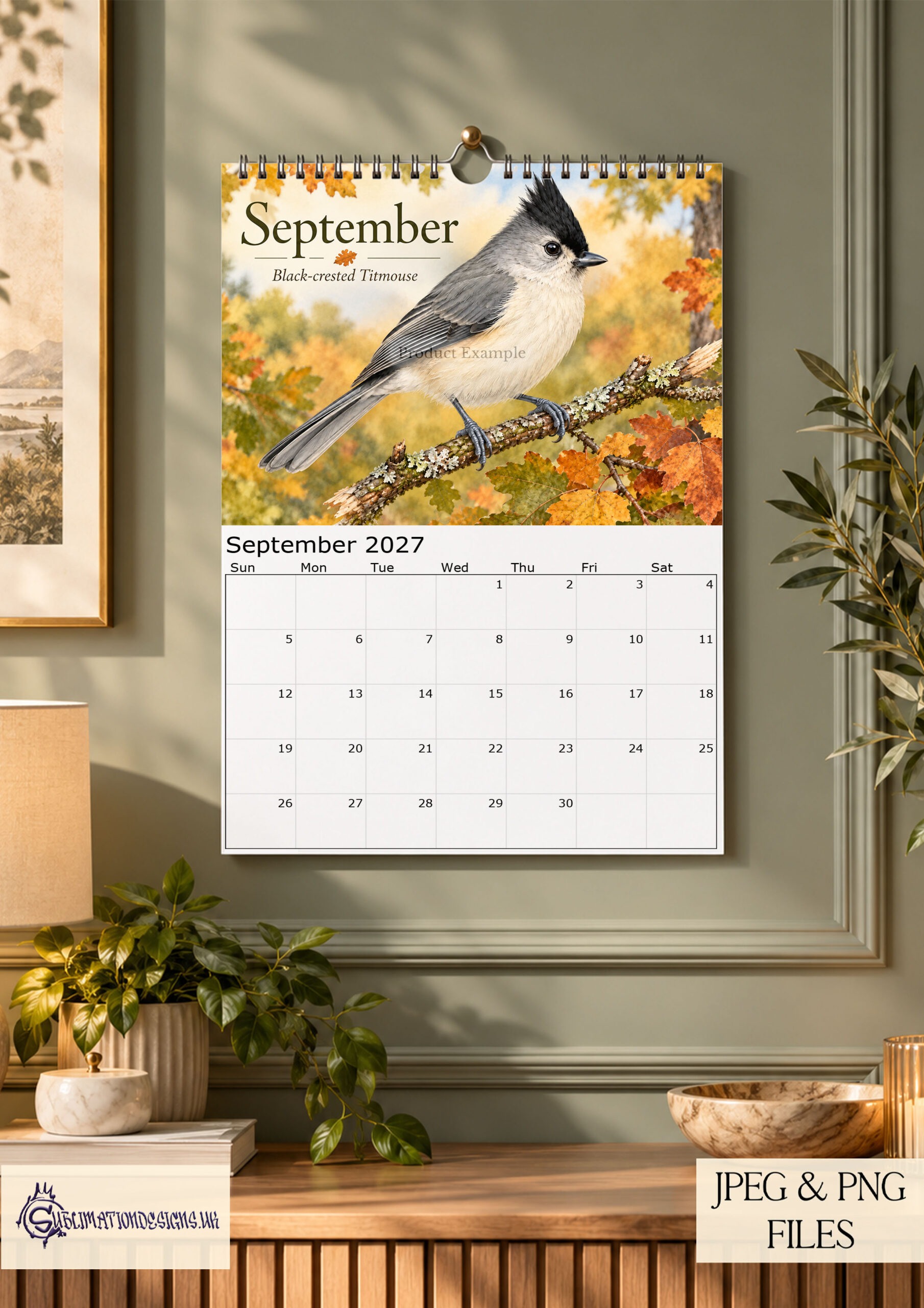 Tits All Year Round comedy calendar designs featuring tit birds in natural settings with monthly and textless A4 landscape versions