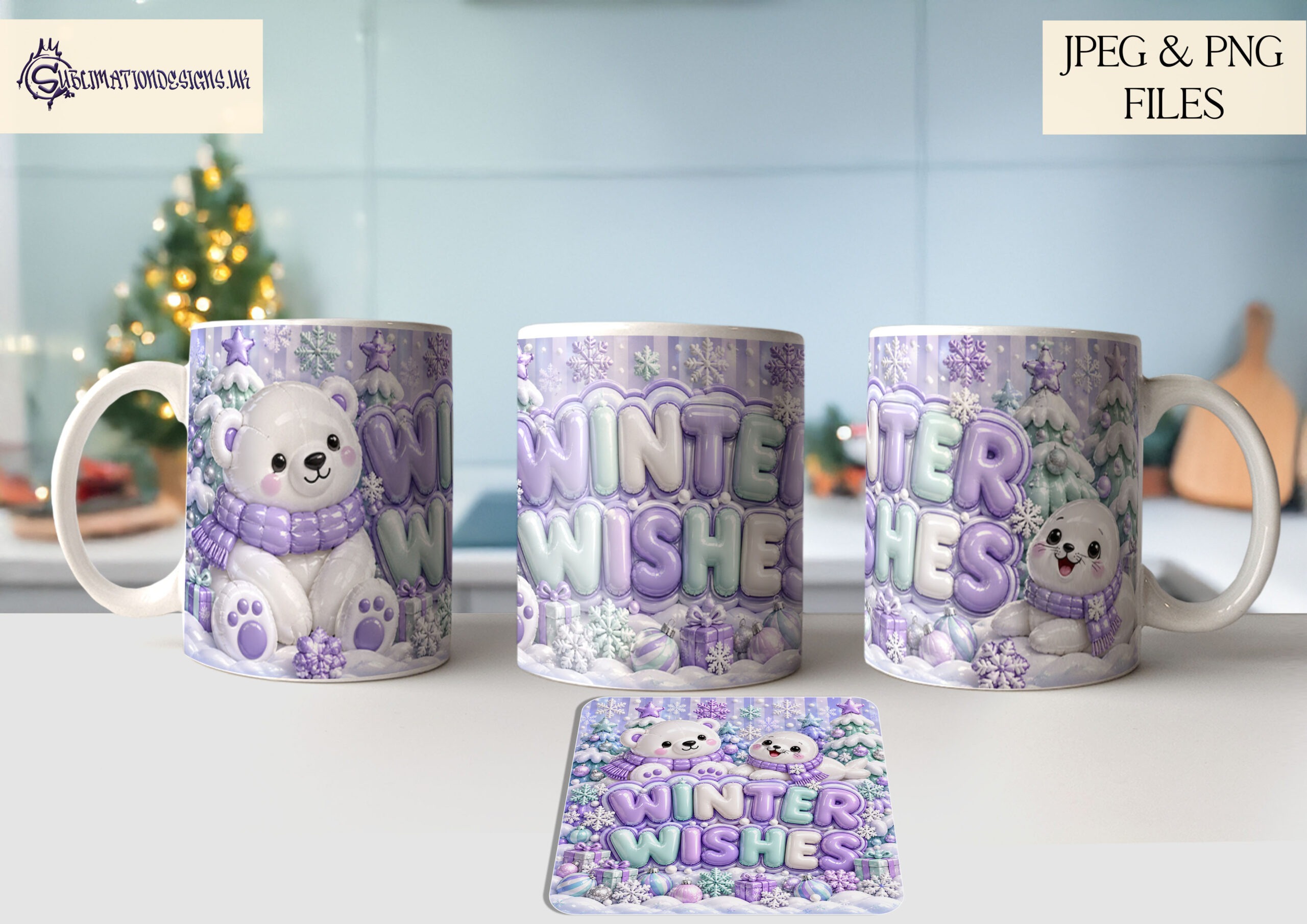 Inflated Christmas mug and coaster designs featuring festive balloon style lettering including Merry Christmas Let It Snow and Oh Snap with 10 matching mug and coaster pairs