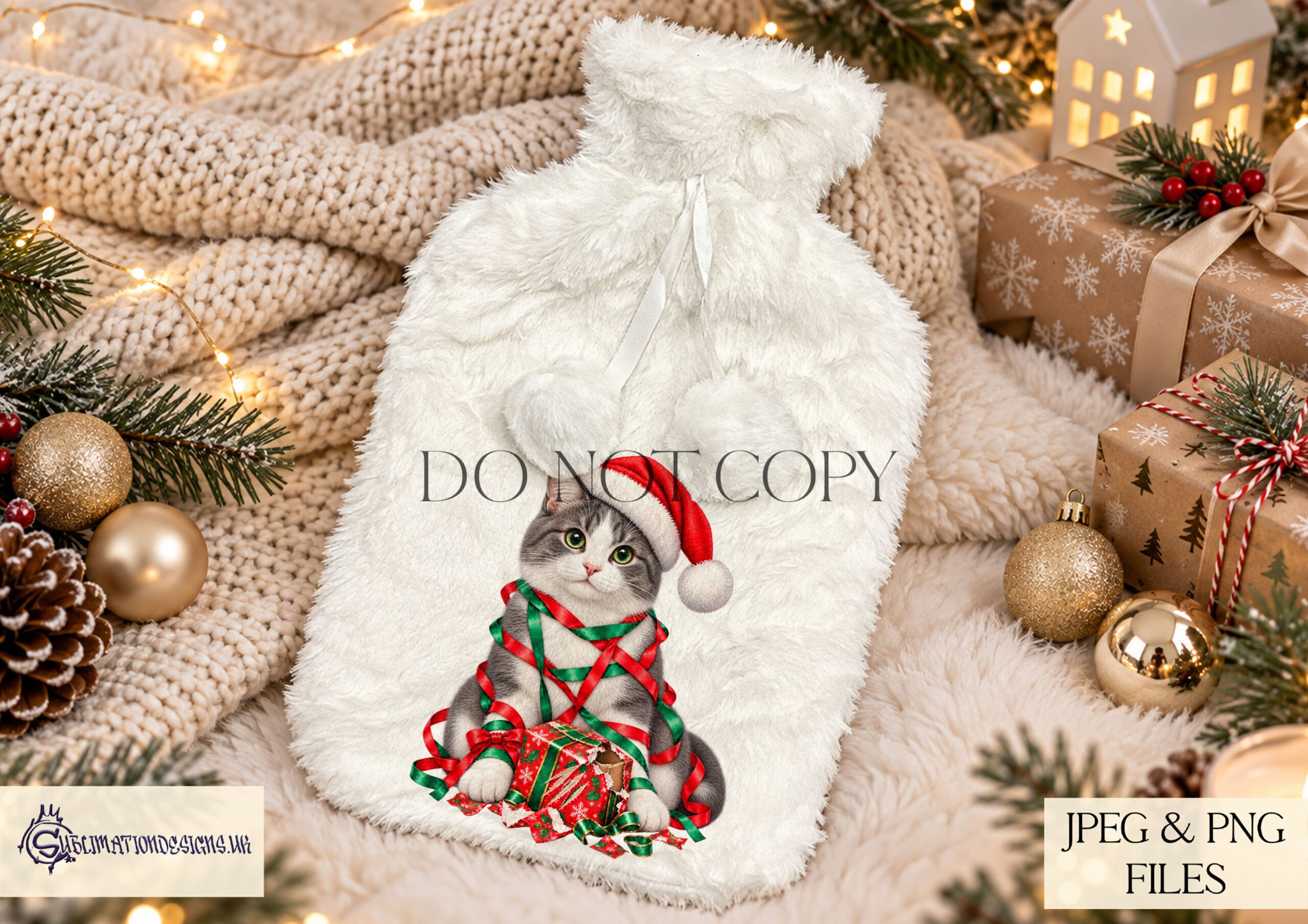 Mischievous Christmas cat designs featuring cats wrapped in festive tinsel with clawed open presents for personalised Christmas gifts