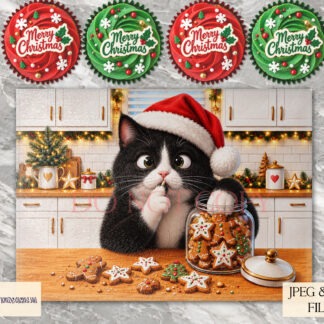 Christmas Cookie Thief cat designs featuring different cats wearing Santa hats and stealing cookies from a jar in festive kitchen scenes