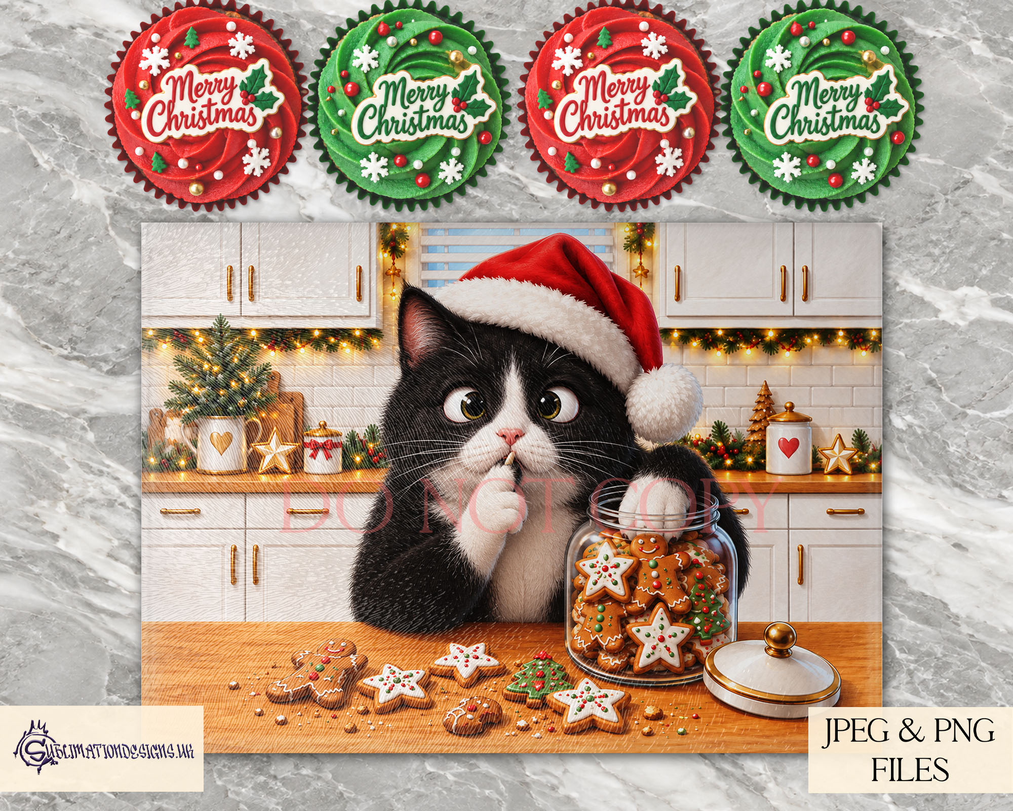 Christmas Cookie Thief cat designs featuring different cats wearing Santa hats and stealing cookies from a jar in festive kitchen scenes