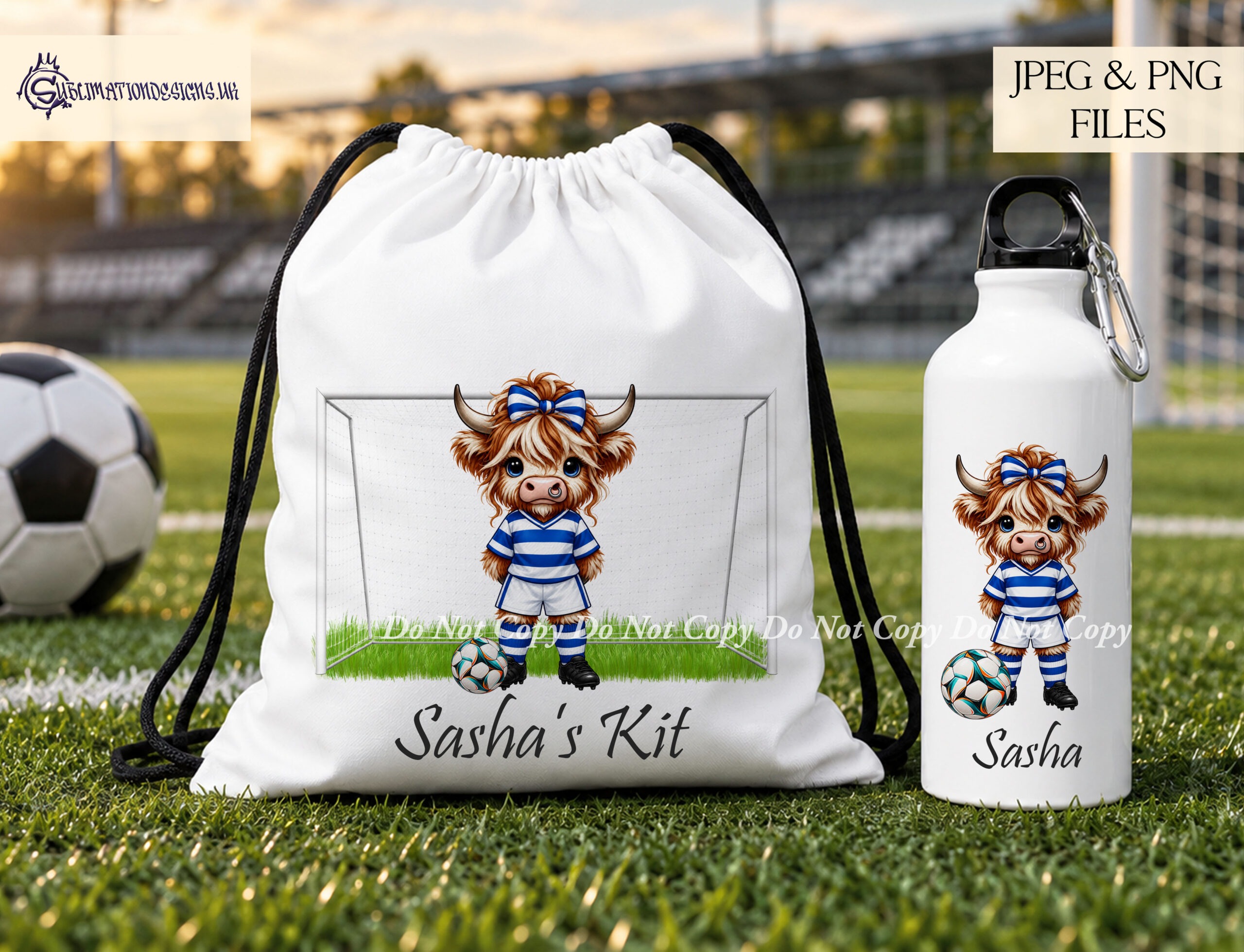 Highland cow footballers clip art with male and female players in different football kit colours plus footballs goals and grass background elements