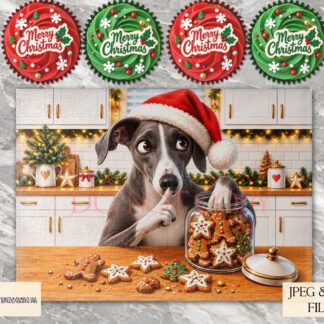 Christmas Cookie Thief dog designs featuring different dog breeds wearing Santa hats and stealing cookies in festive kitchen scenes